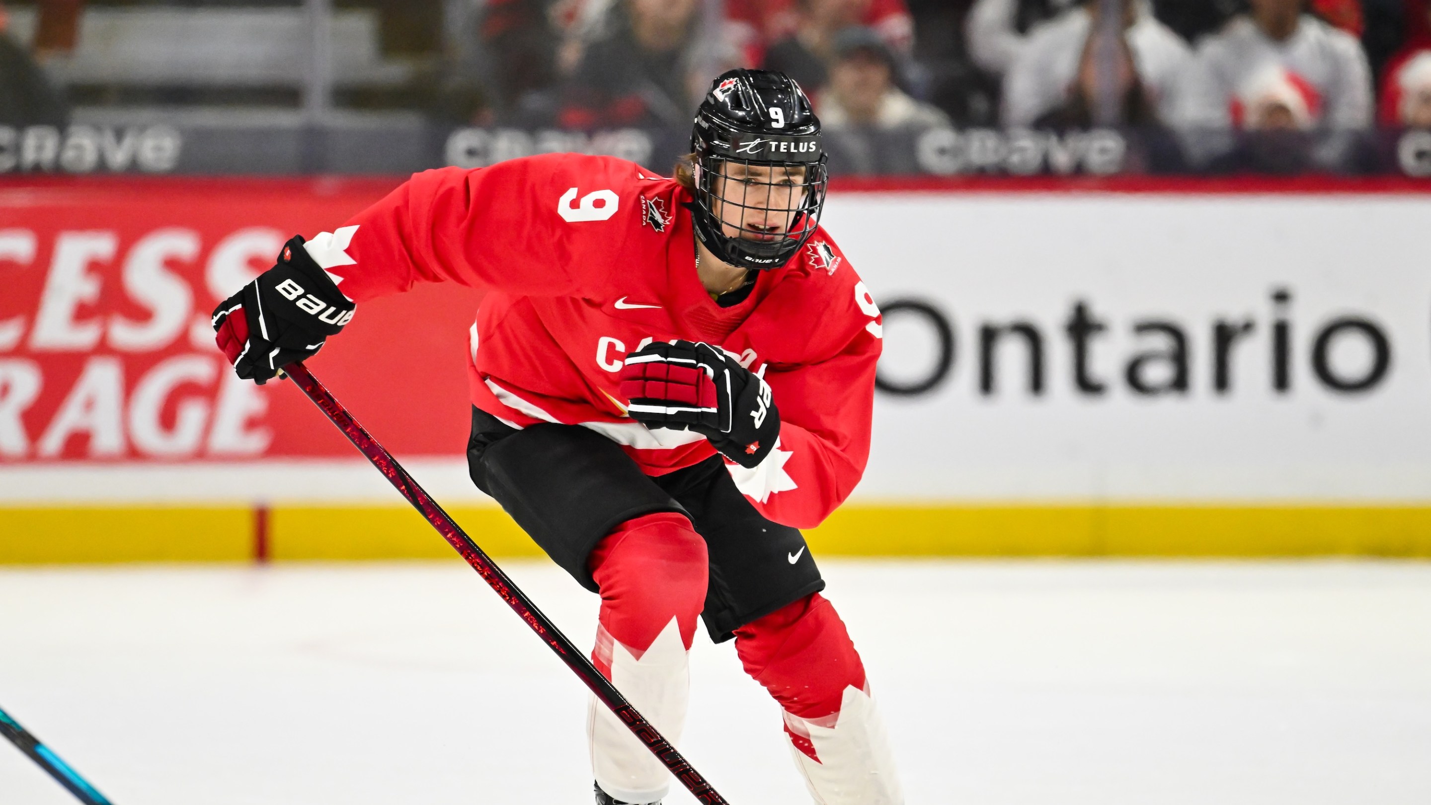 OTTAWA, CANADA - DECEMBER 29: Gavin McKenna #9 of Team Canada skates in the first period against Team Germany of the Group A match during the 2025 IIHF World Junior Championship at Canadian Tire Centre on December 29, 2024 in Ottawa, Ontario, Canada. Team Canada defeated Team Germany 3-0. (Photo by Minas Panagiotakis/Getty Images)