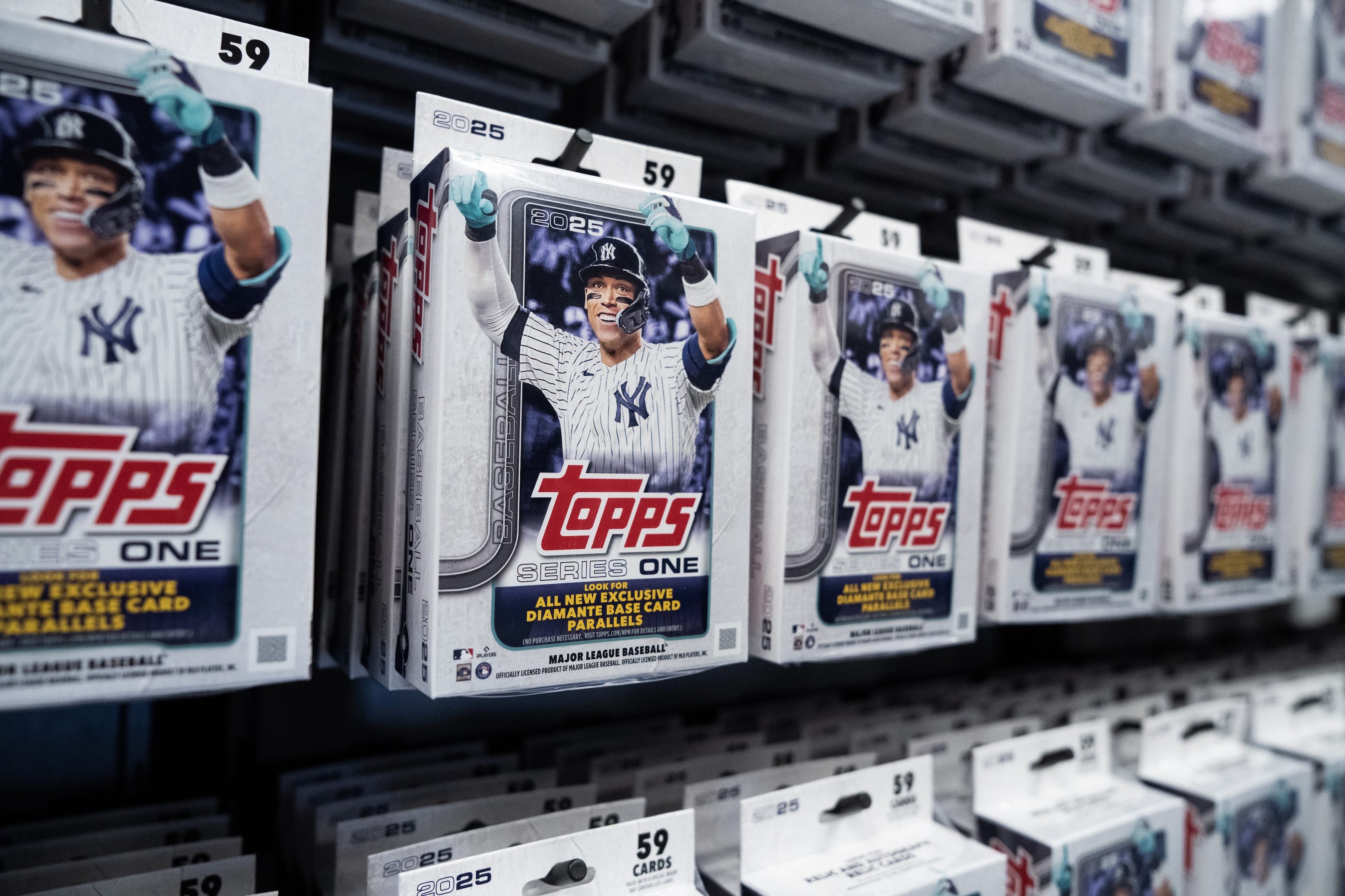 Topps baseball cards featuring the Yankees’ Aaron Judge, are seen during the Washington Nationals media preview day at Nationals Park on Friday, March 21, 2025.