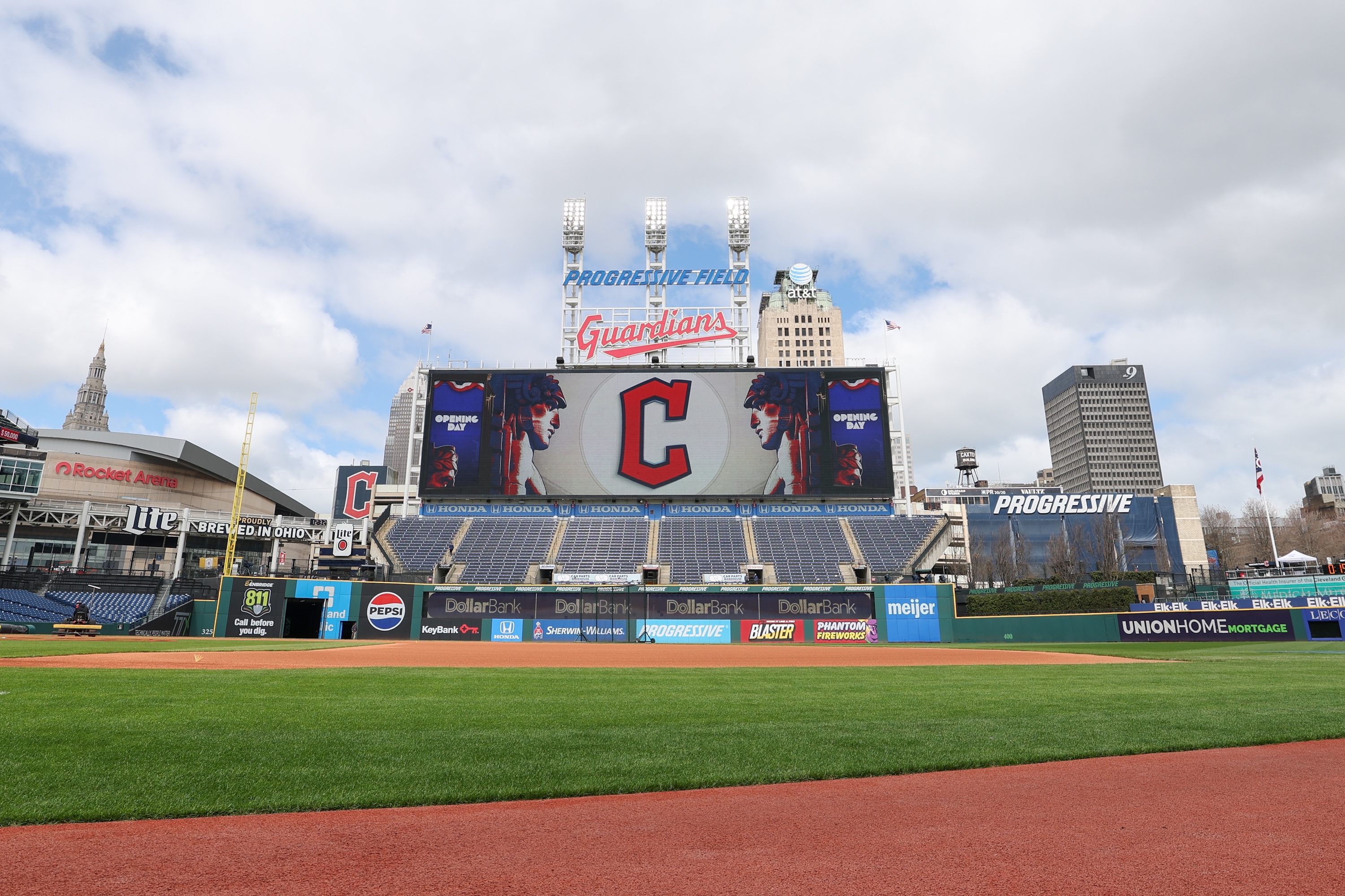 CLEVELAND, OH - APRIL 08: A general view of the Progressive Field scoreboard with Opening Day signage prior to the game between the Chicago White Sox and the Cleveland Guardians on Tuesday, April 8, 2025 in Cleveland, Ohio. (Photo by Lauren Leigh Bacho/MLB Photos via Getty Images)