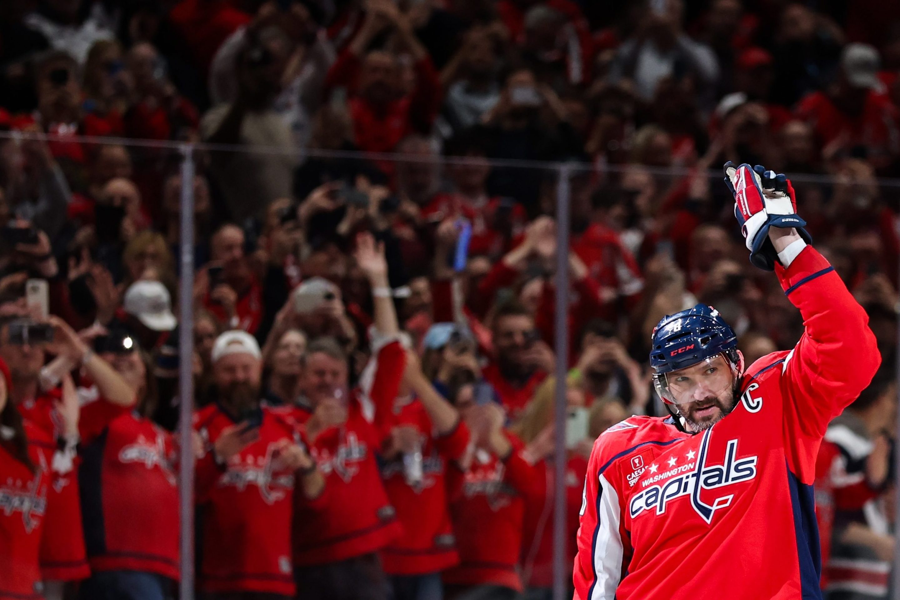 WASHINGTON, DC - APRIL 04: Alex Ovechkin #8 of the Washington Capitals celebrates after scoring his 894th career NHL goal in the third period against the Chicago Blackhawks at Capital One Arena on April 04, 2025 in Washington, DC. Ovechkin's goal ties him with Wayne Gretzky for the all-time goal scoring record. (Photo by Patrick Smith/Getty Images)