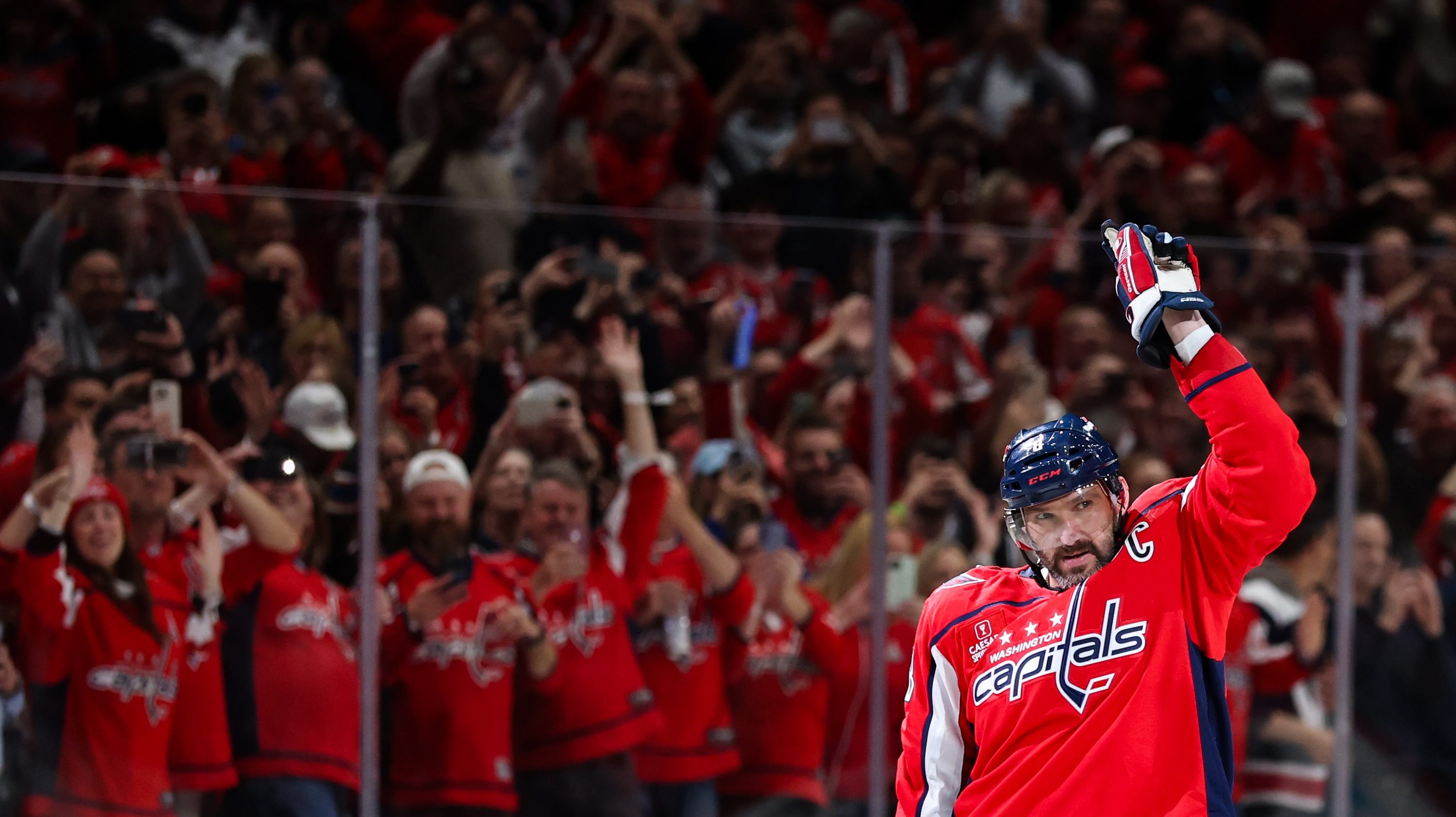 WASHINGTON, DC - APRIL 04: Alex Ovechkin #8 of the Washington Capitals celebrates after scoring his 894th career NHL goal in the third period against the Chicago Blackhawks at Capital One Arena on April 04, 2025 in Washington, DC. Ovechkin's goal ties him with Wayne Gretzky for the all-time goal scoring record. (Photo by Patrick Smith/Getty Images)