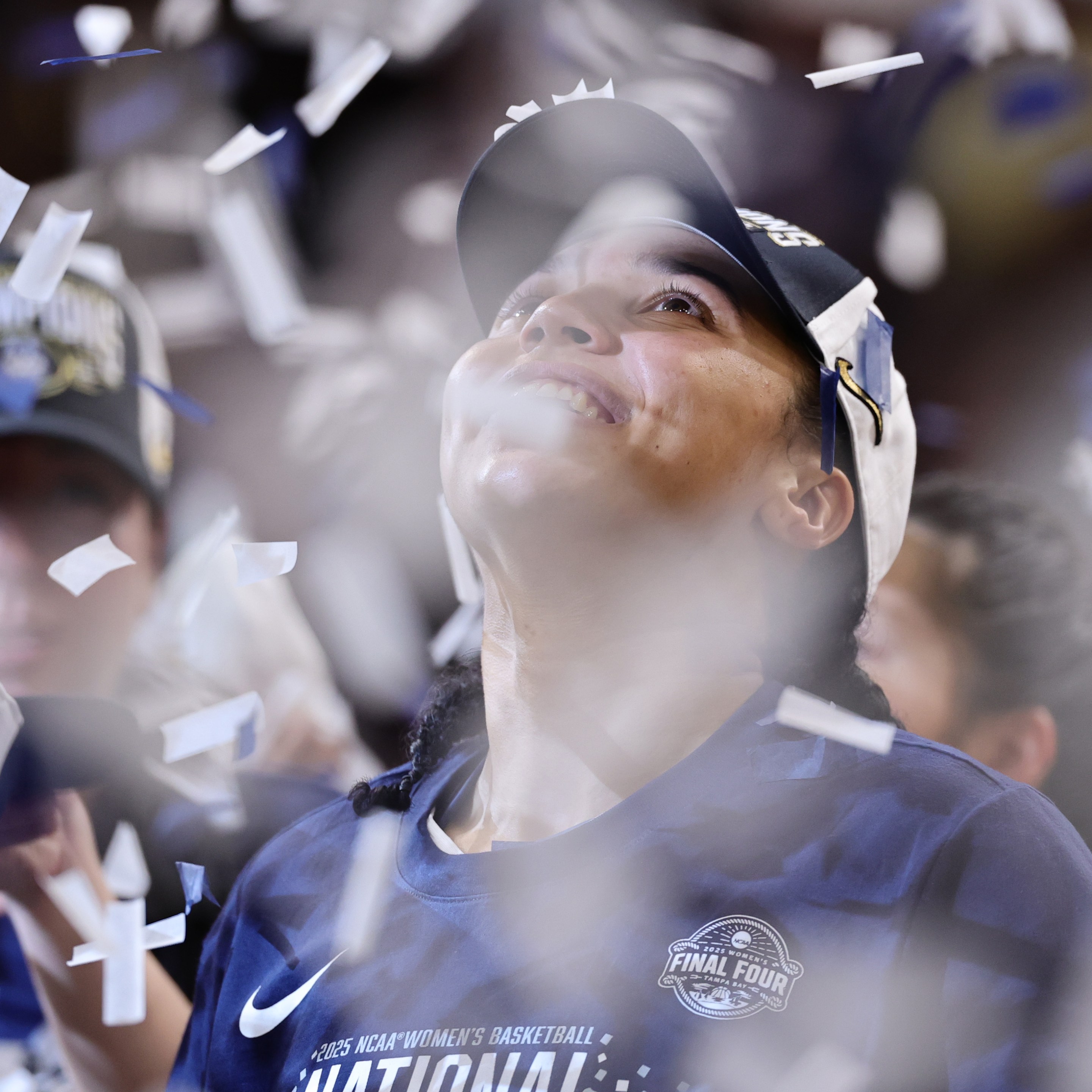 Azzi Fudd #35 of the UConn Huskies celebrates during the trophy ceremony after beating the South Carolina Gamecocks 82-59 to win the National Championship of the NCAA Women's Basketball Tournament at Amalie Arena on April 06, 2025 in Tampa, Florida.