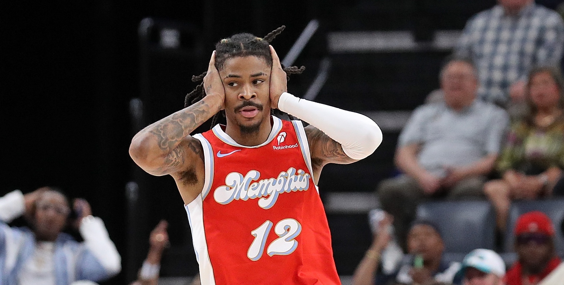 Ja Morant #12 of the Memphis Grizzlies reacts during the first half against the Minnesota Timberwolves at FedExForum on April 10, 2025 in Memphis, Tennessee.