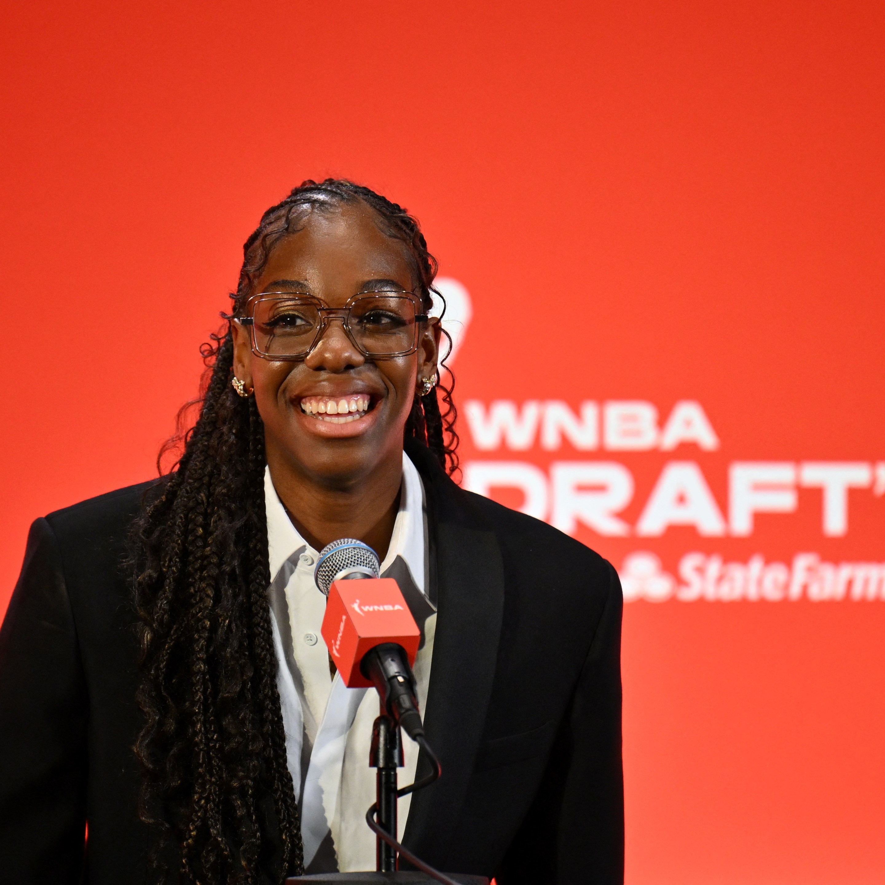 French player Dominique Malonga speaks to the press during the 2025 WNBA Draft at the Shed in New York City on April 14, 2025.