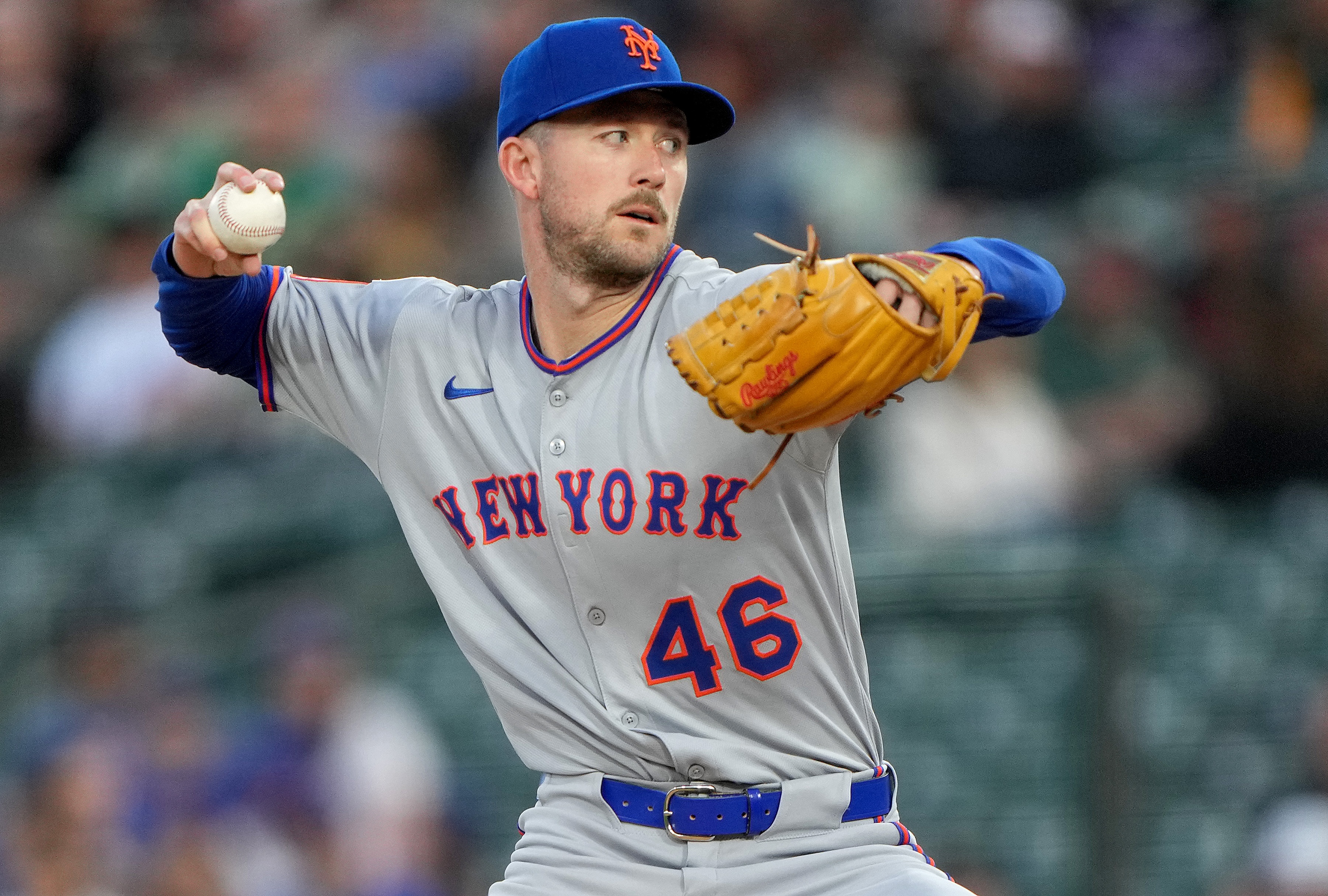 Griffin Canning of the New York Mets pitches against the Athletics in the bottom of the first inning at Sutter Health Park on April 11, 2025 in Sacramento, California.