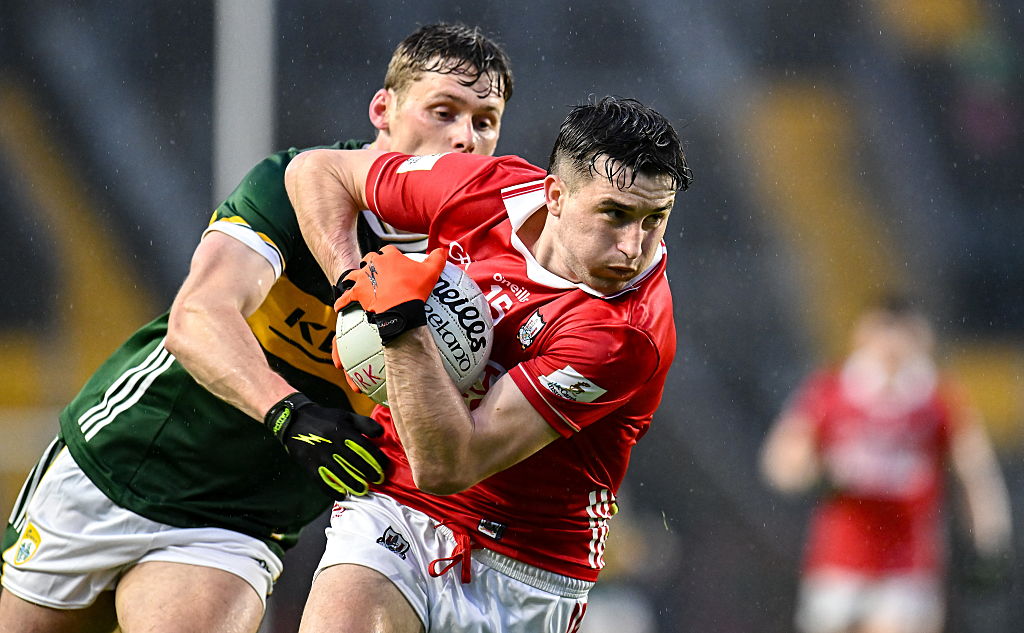Chris Óg Jones of Cork in action against Gavin White of Kerry during the Munster GAA Football Senior Championship semi-final match between Cork and Kerry at Supervalu Páirc Uí Chaoimh in Cork.