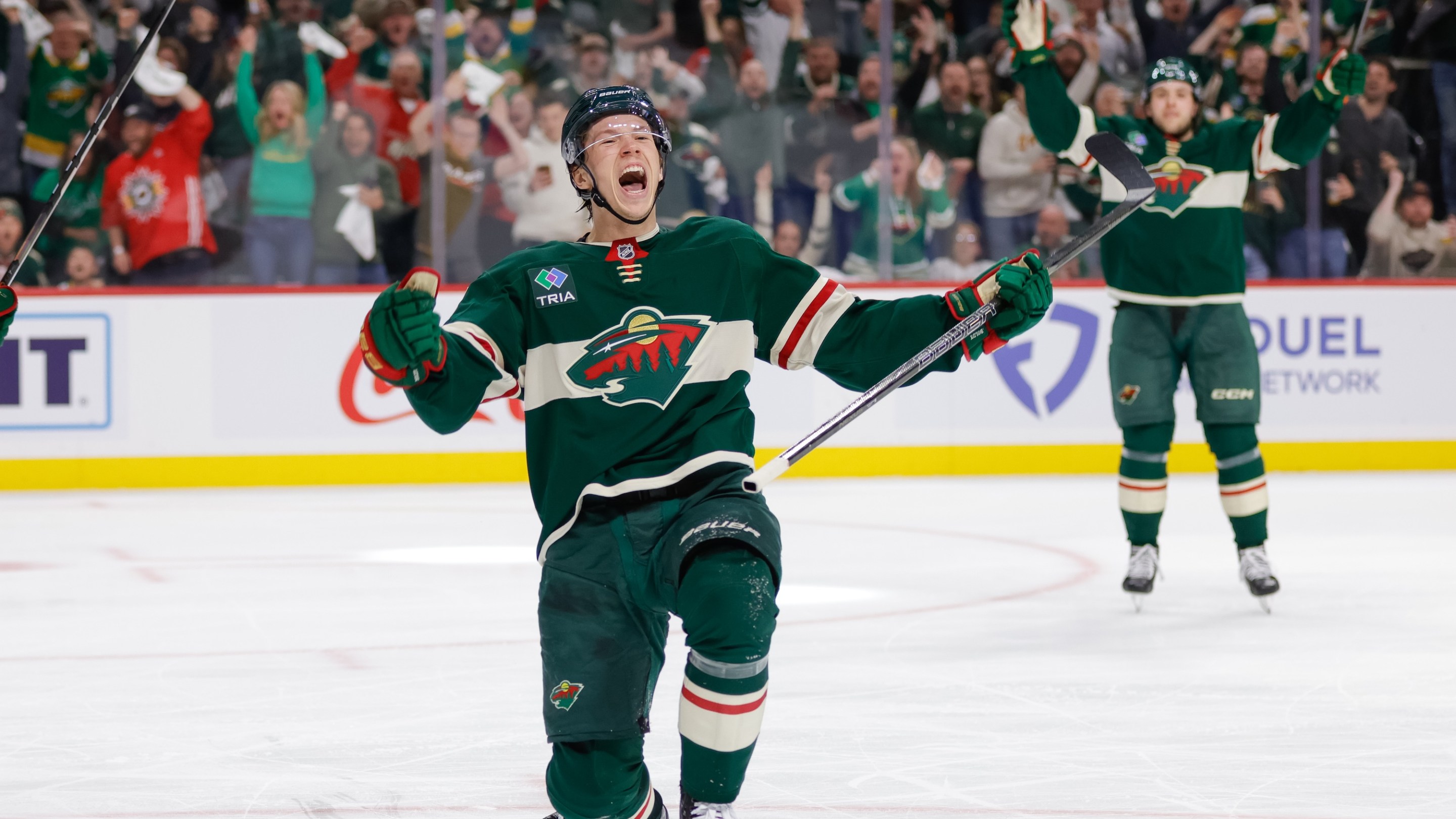 ST. PAUL, MN - APRIL 24: Minnesota Wild left wing Matt Boldy (12) celebrates scoring a goal during the second period in Game Three of the First Round of the 2025 Stanley Cup Playoffs between the Vegas Golden Knights and Minnesota Wild on April 24th, 2025, at the Xcel Energy Center in St. Paul, MN. (Photo by Bailey Hillesheim/Icon Sportswire via Getty Images)