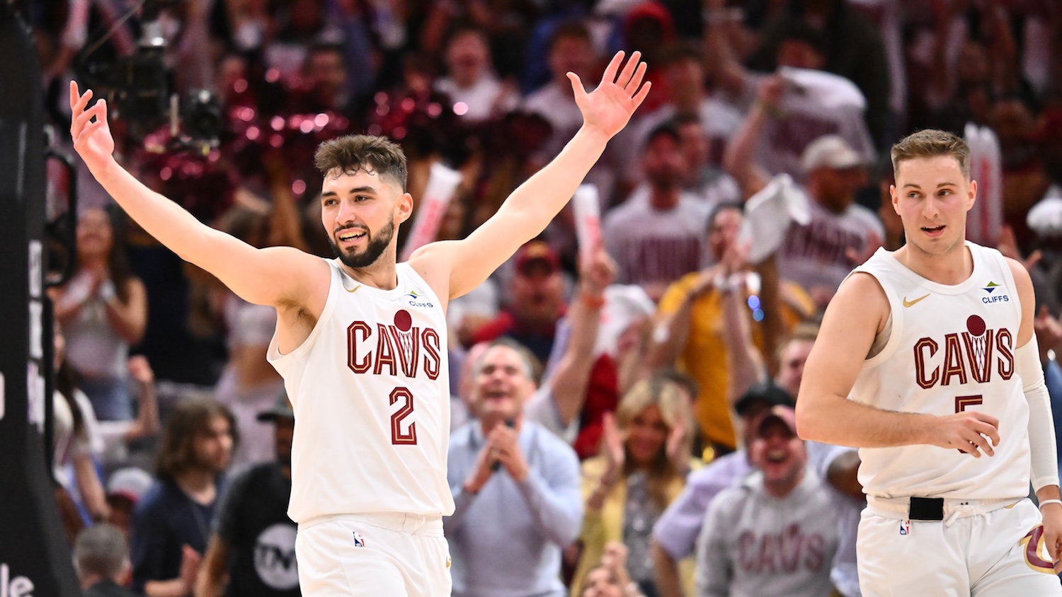 CLEVELAND, OHIO - APRIL 20: Ty Jerome #2 of the Cleveland Cavaliers celebrates during the fourth quarter against the Miami Heat in game one of the first round of the Eastern Conference Playoffs at Rocket Arena on April 20, 2025 in Cleveland, Ohio. The Cavaliers defeated the Heat 121-100. NOTE TO USER: User expressly acknowledges and agrees that, by downloading and or using this photograph, User is consenting to the terms and conditions of the Getty Images License Agreement. (Photo by Jason Miller/Getty Images)