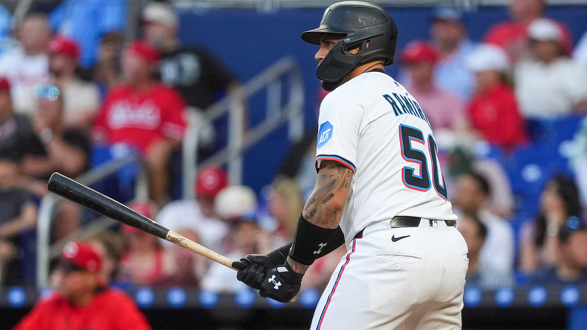 Agustin Ramirez #50 of the Miami Marlins in the game against the Cincinnati Reds at loanDepot park on April 21, 2025 in Miami, Florida.