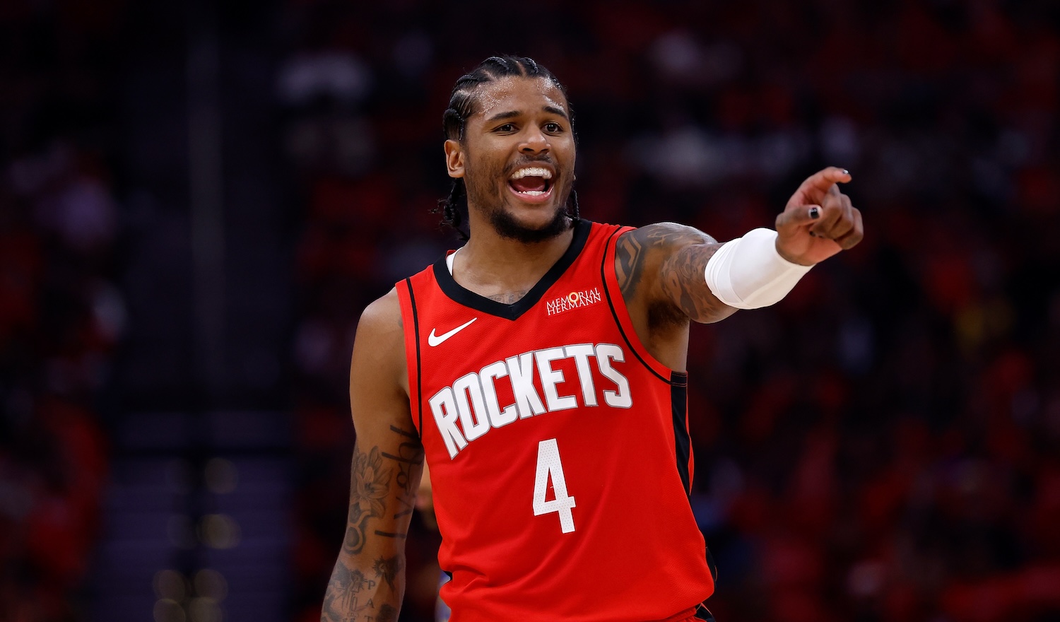 HOUSTON, TEXAS - APRIL 23: Jalen Green #4 of the Houston Rockets reacts in the first half against the Golden State Warriors in Game Two of the Western Conference First Round NBA Playoffs at Toyota Center on April 23, 2025 in Houston, Texas. NOTE TO USER: User expressly acknowledges and agrees that, by downloading and or using this photograph, User is consenting to the terms and conditions of the Getty Images License Agreement. (Photo by Tim Warner/Getty Images)