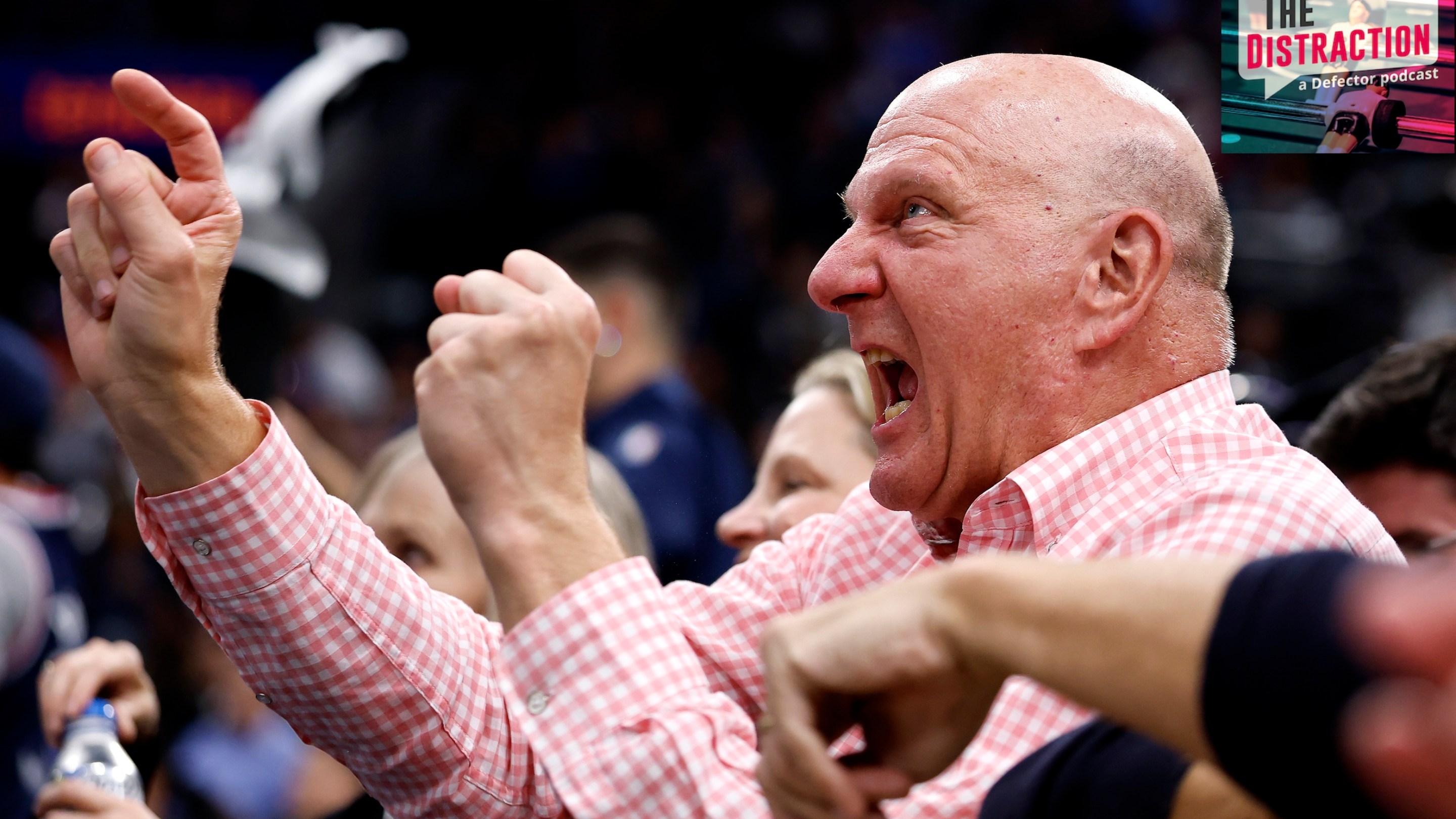 Owner Steve Ballmer of the Los Angeles Clippers reacts against the Denver Nuggets during the fourth quarter in Game Three of the Western Conference First Round NBA Playoffs.