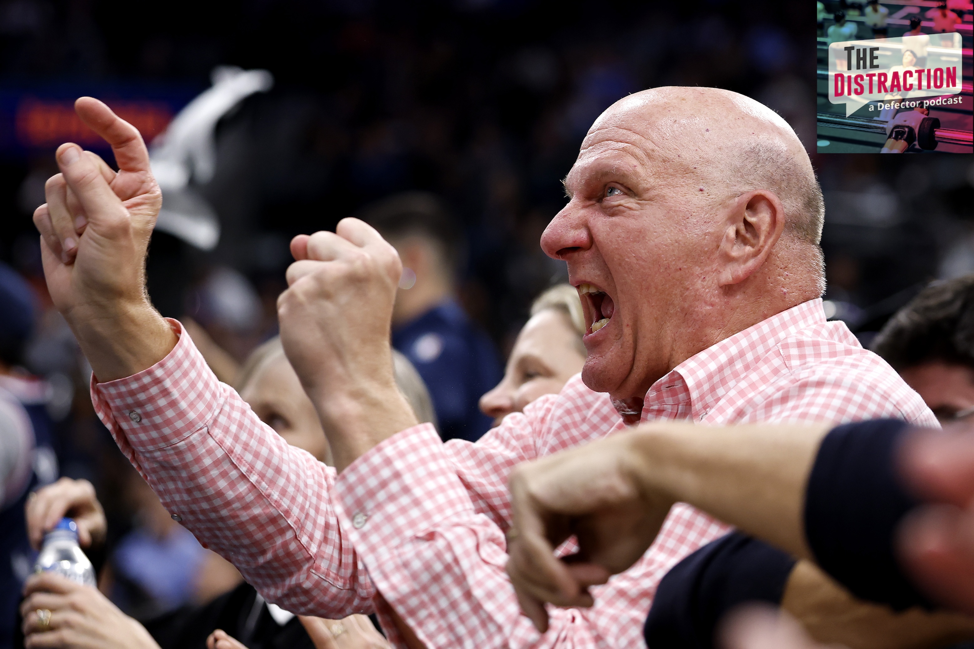 Owner Steve Ballmer of the Los Angeles Clippers reacts against the Denver Nuggets during the fourth quarter in Game Three of the Western Conference First Round NBA Playoffs.