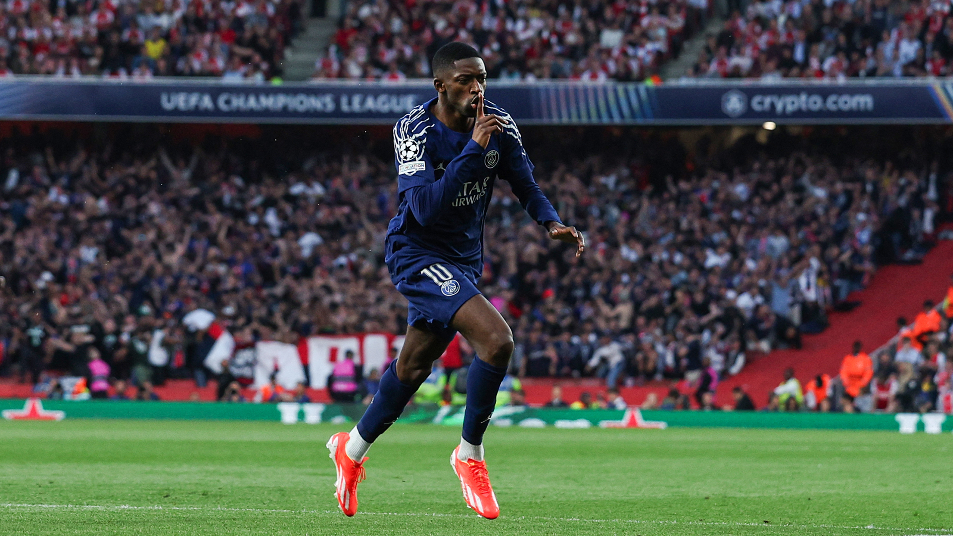 Paris Saint-Germain's French forward #10 Ousmane Dembele celebrates after scoring his team first goal during the UEFA Champions League Semi-final First Leg football match between Arsenal and Paris Saint-Germain (PSG) at the Emirates Stadium in north London, on April 29, 2025.