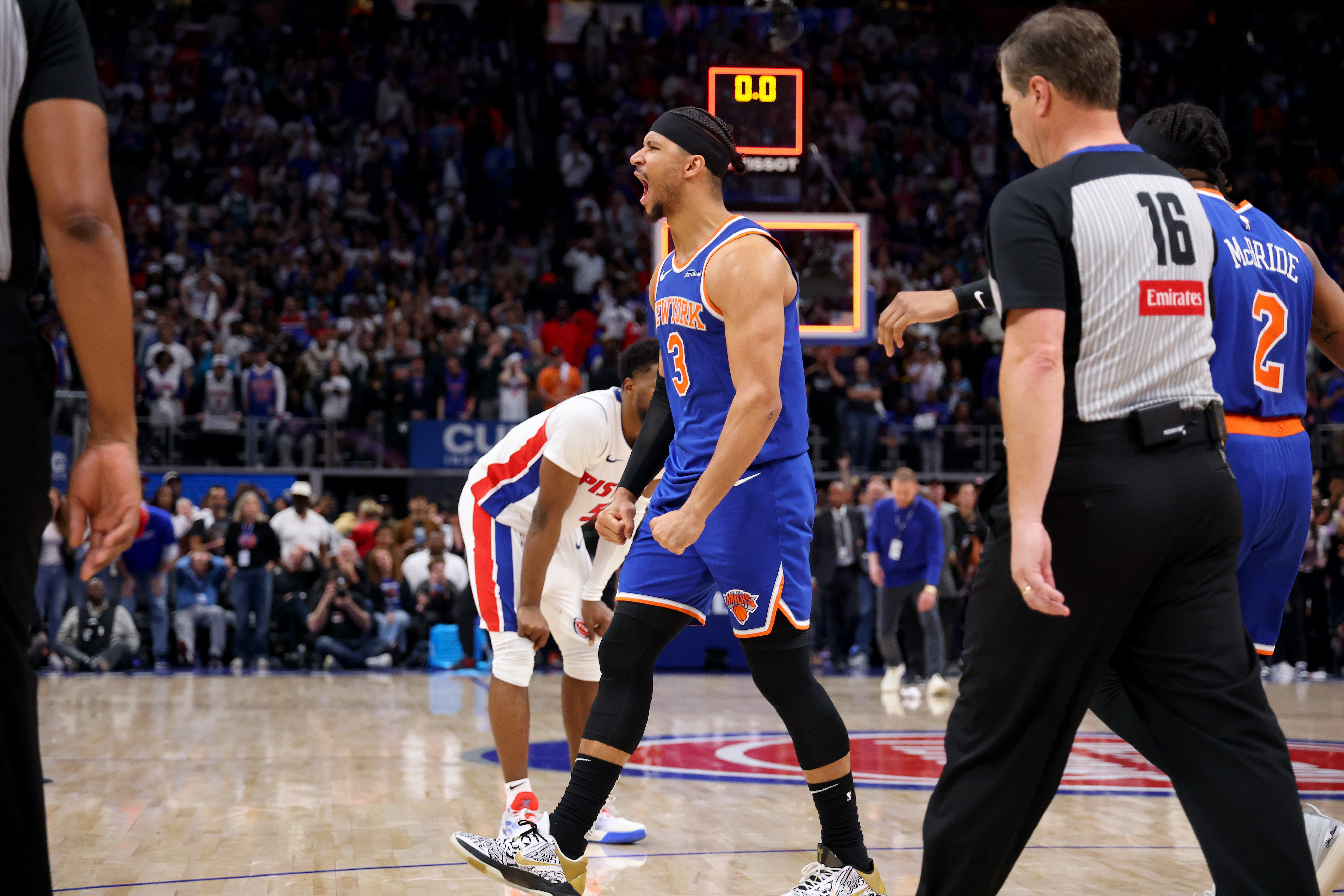 Josh Hart reacts after the Knicks beat the Pistons in Game 4.