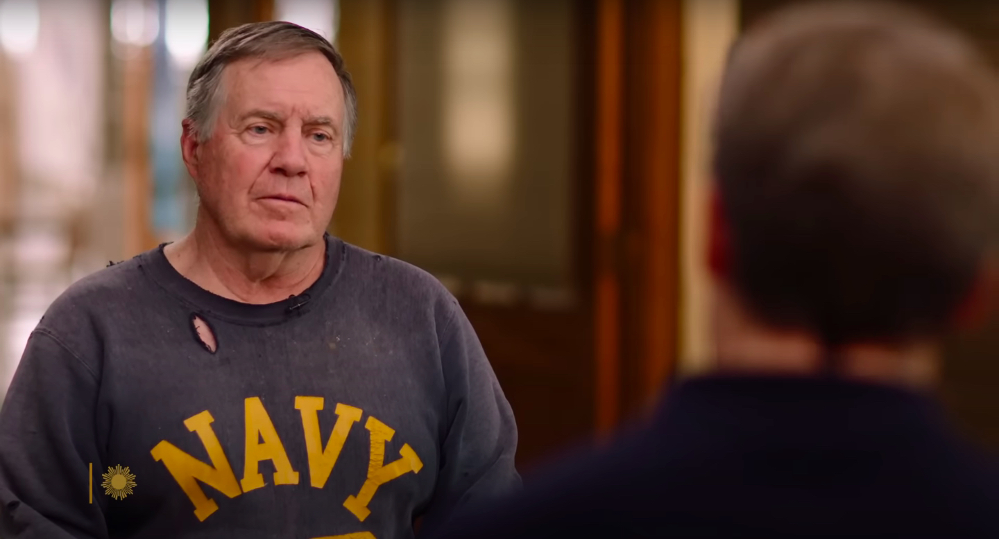 Bill Belichick in a ragged sweatshirt on CBS Sunday Morning