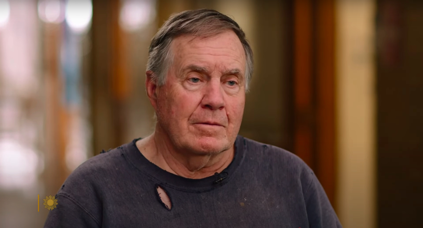 Bill Belichick in a ragged sweatshirt on CBS Sunday Morning
