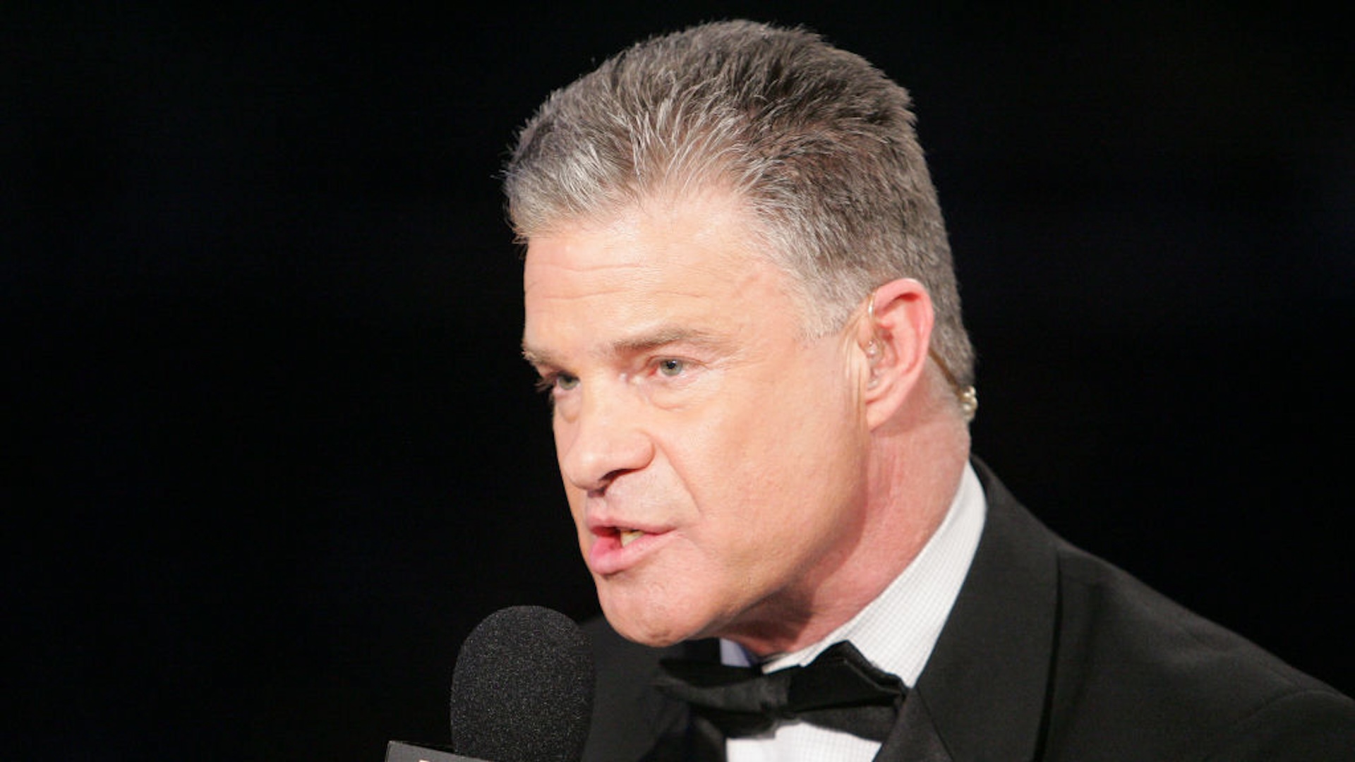HBO Sports boxing commentator Jim Lampley provides commentary as he previews the upcoming WBC Heavyweight Championship fight for television viewers between James Toney and Hasim Rahman at Boardwalk Hall on March 18, 2006 in Atlantic City, New Jersey.