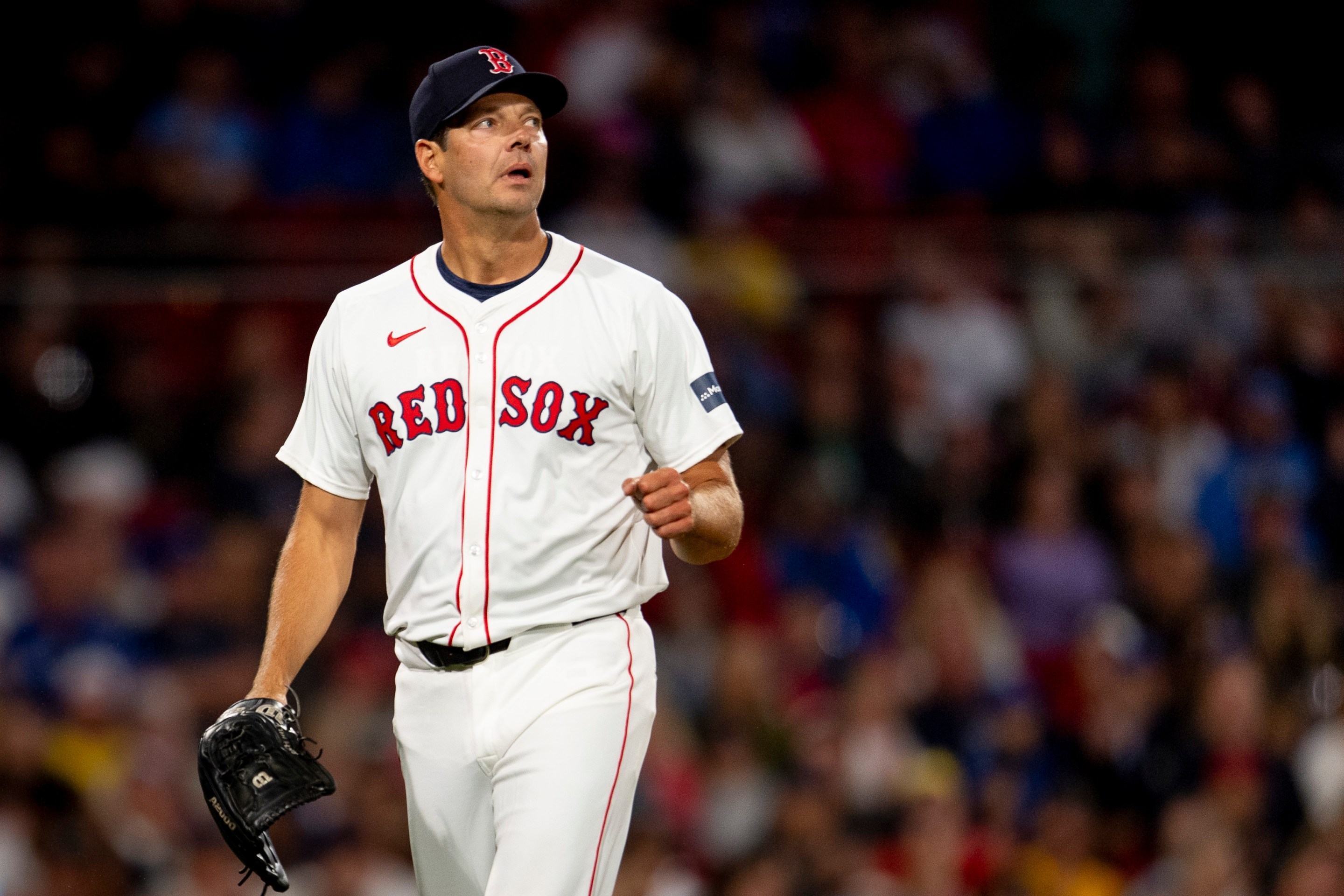 Rich Hill #44 of the Boston Red Sox reacts during the seventh inning of a game against the Toronto Blue Jays on August 29, 2024 at Fenway Park in Boston, Massachusetts.
