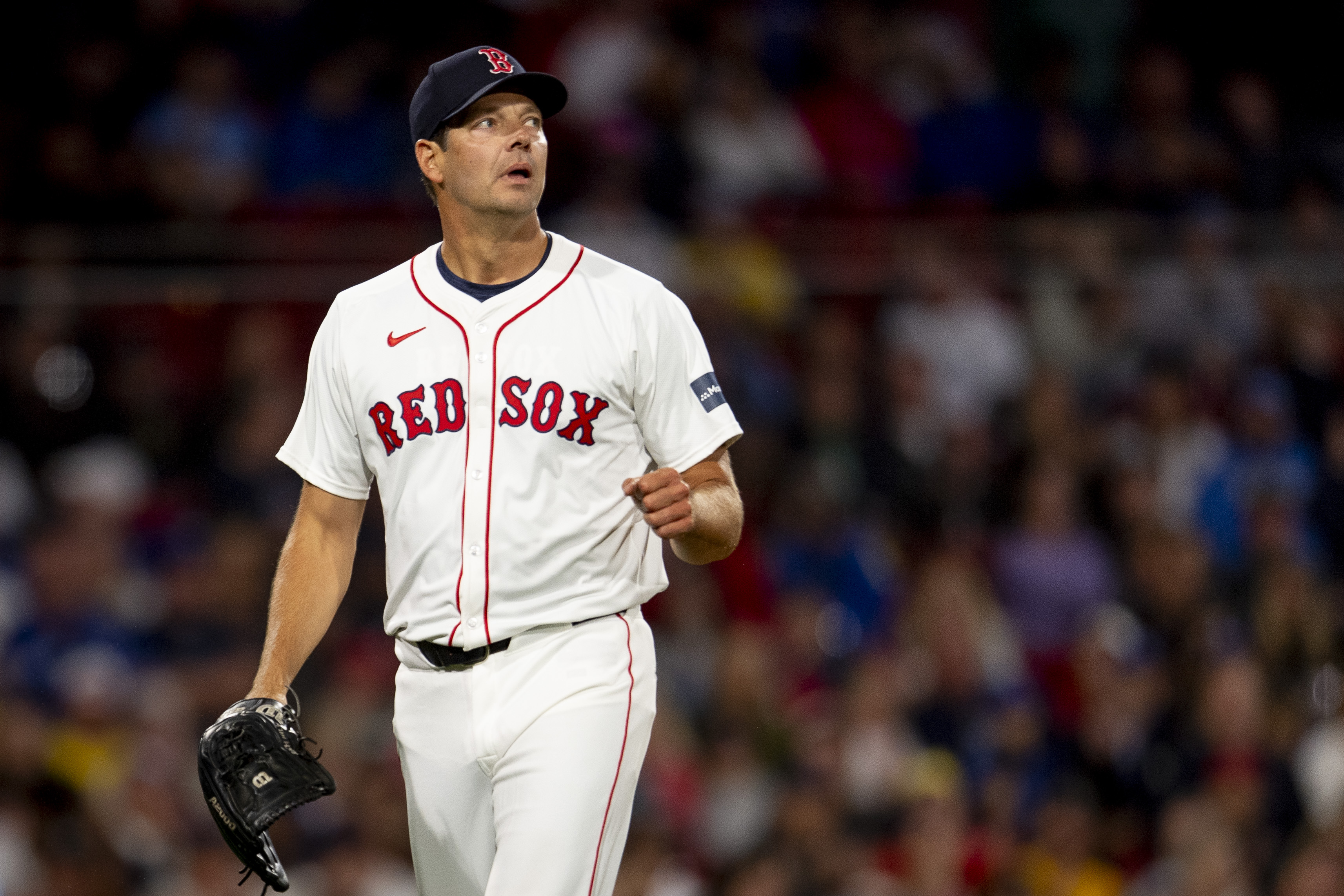 Rich Hill #44 of the Boston Red Sox reacts during the seventh inning of a game against the Toronto Blue Jays on August 29, 2024 at Fenway Park in Boston, Massachusetts.