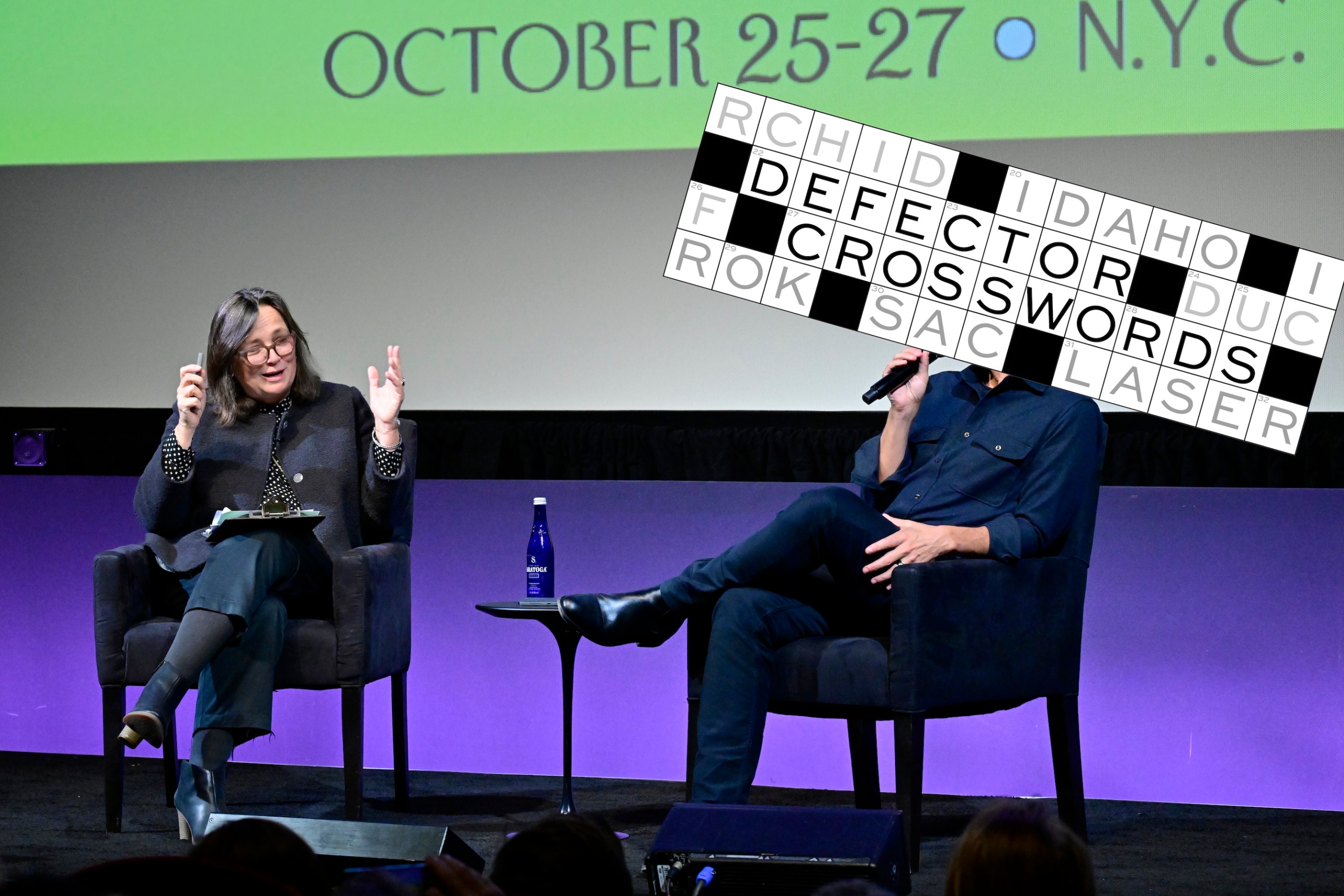 Seth Meyers (R) speaks on stage with Susan Morrison at the premiere screening: Seth Meyers' Comedy Special "Dad Man Walking" during The 2024 New Yorker Festival at SVA Theater on October 25, 2024 in New York City.