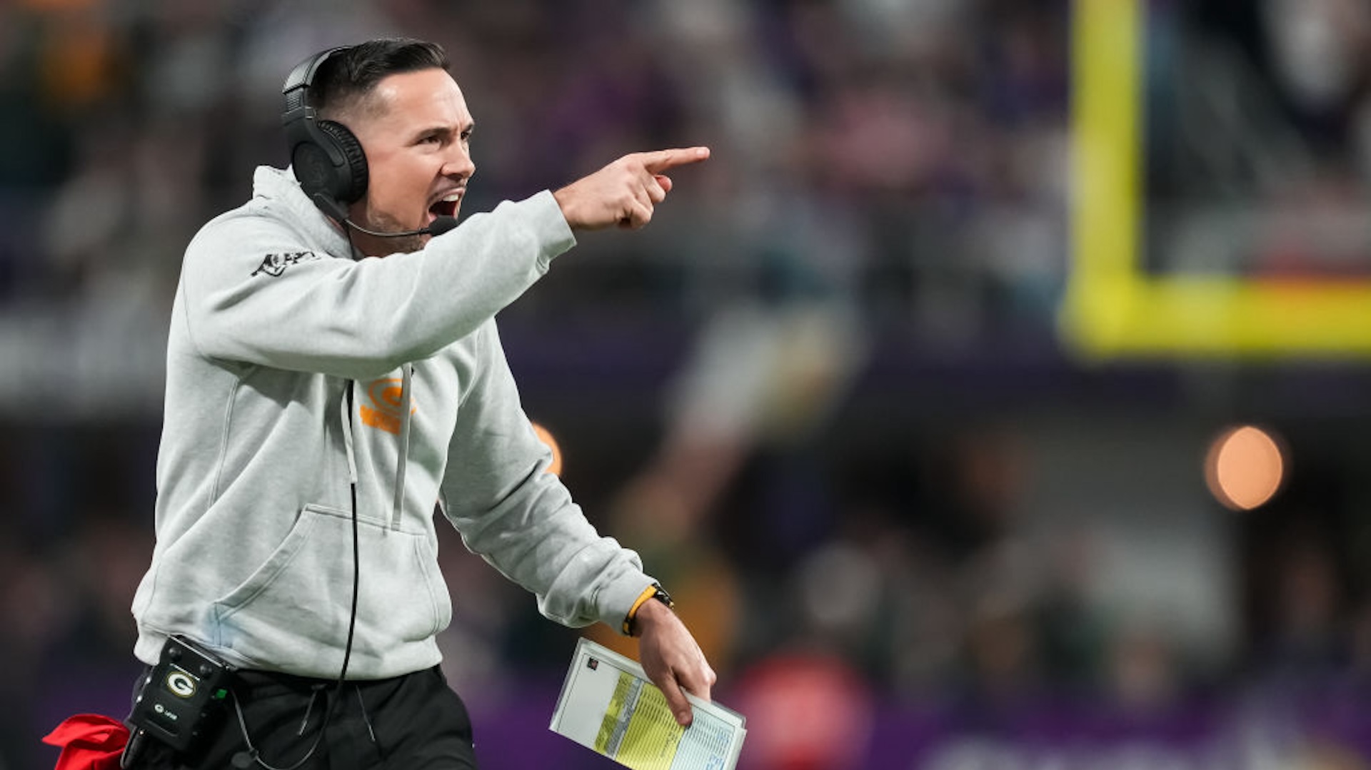 Head coach Matt LaFleur of the Green Bay Packers during a game between the Minnesota Vikings and Green Bay Packers at U.S. Bank Stadium on December 29, 2024 in Minneapolis, Minnesota.