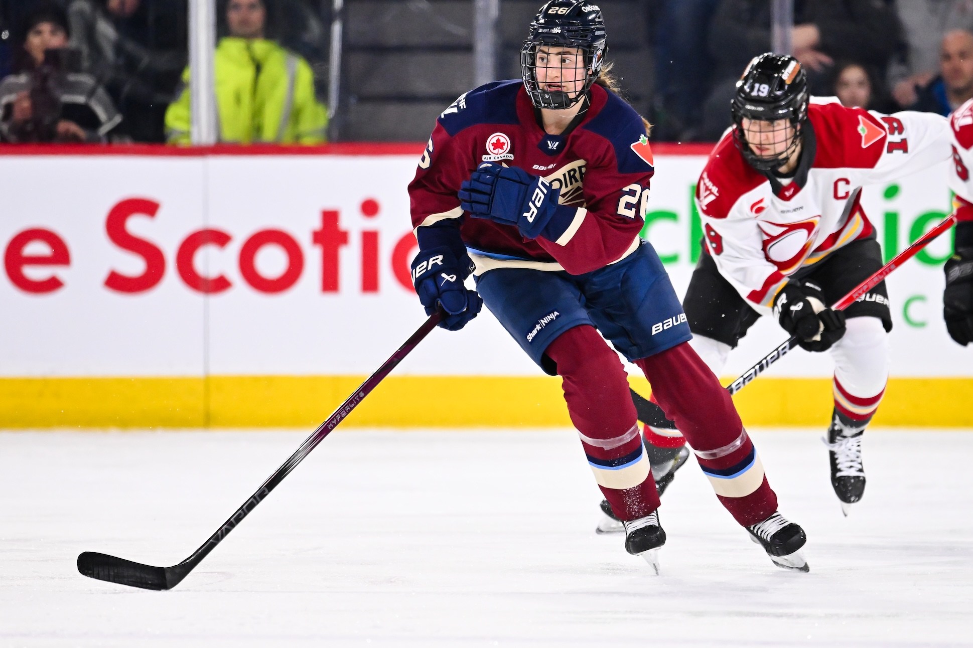 LAVAL, CANADA - JANUARY 29: Catherine Dubois #28 of the Montreal Victoire skates during the second period against the Ottawa Charge at Place Bell on January 29, 2025 in Laval, Quebec, Canada. The Montreal Victoire defeated the Ottawa Charge 4-1. (Photo by Minas Panagiotakis/Getty Images)