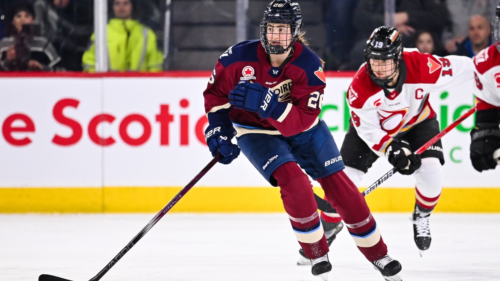 LAVAL, CANADA - JANUARY 29: Catherine Dubois #28 of the Montreal Victoire skates during the second period against the Ottawa Charge at Place Bell on January 29, 2025 in Laval, Quebec, Canada. The Montreal Victoire defeated the Ottawa Charge 4-1. (Photo by Minas Panagiotakis/Getty Images)