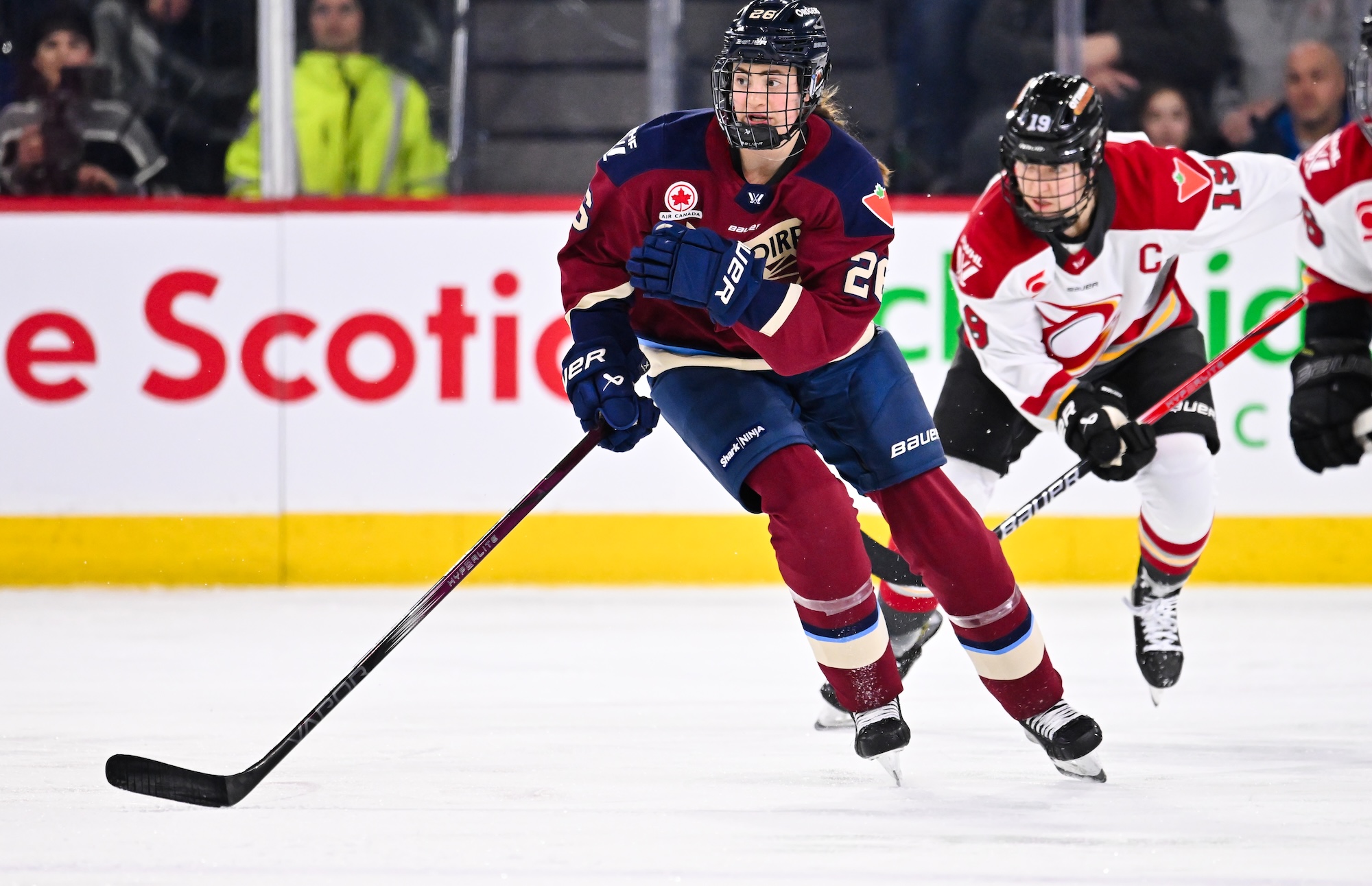 LAVAL, CANADA - JANUARY 29: Catherine Dubois #28 of the Montreal Victoire skates during the second period against the Ottawa Charge at Place Bell on January 29, 2025 in Laval, Quebec, Canada. The Montreal Victoire defeated the Ottawa Charge 4-1. (Photo by Minas Panagiotakis/Getty Images)