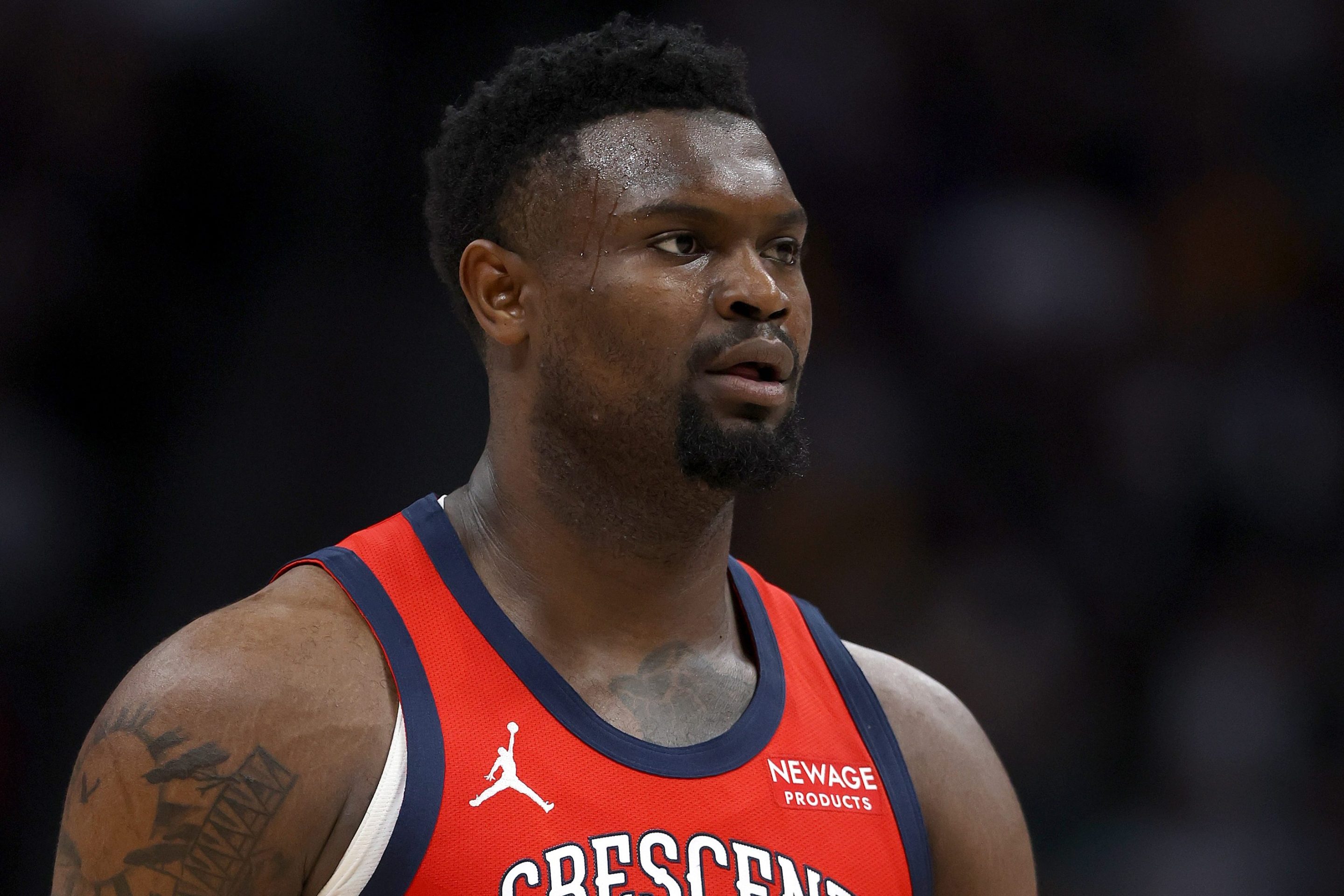 Zion Williamson #1 of the New Orleans Pelicans plays the Denver Nuggets at Ball Arena in the fourth quarter February 05, 2025 in Denver, Colorado.
