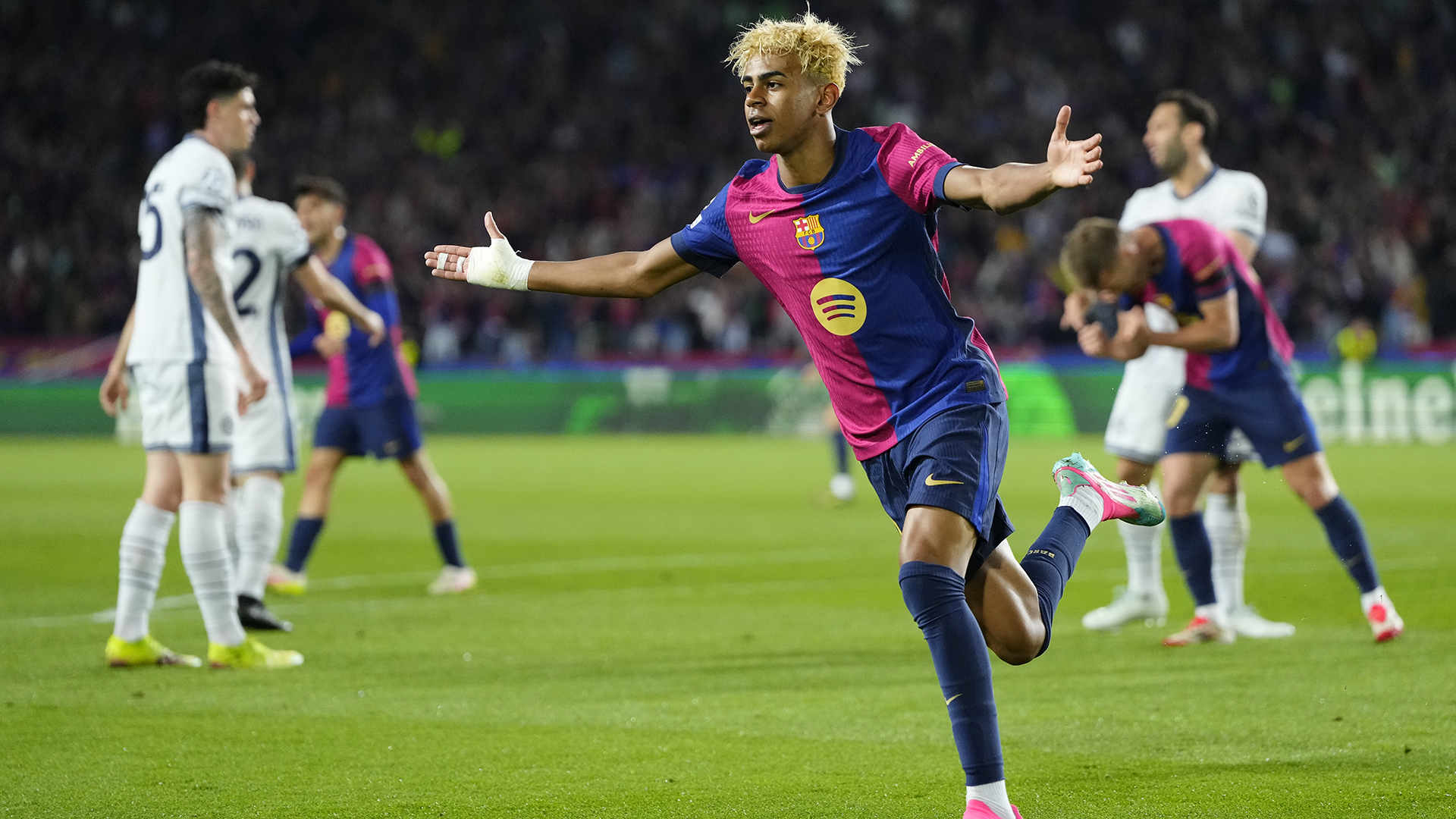 Lamine Yamal right winger of Barcelona and Spain celebrates after scoring his sides first goal during the UEFA Champions League 2024/25 Semi Final First Leg match between FC Barcelona and FC Internazionale Milano at Estadi Olimpic Lluis Companys on April 30, 2025 in Barcelona, Spain.