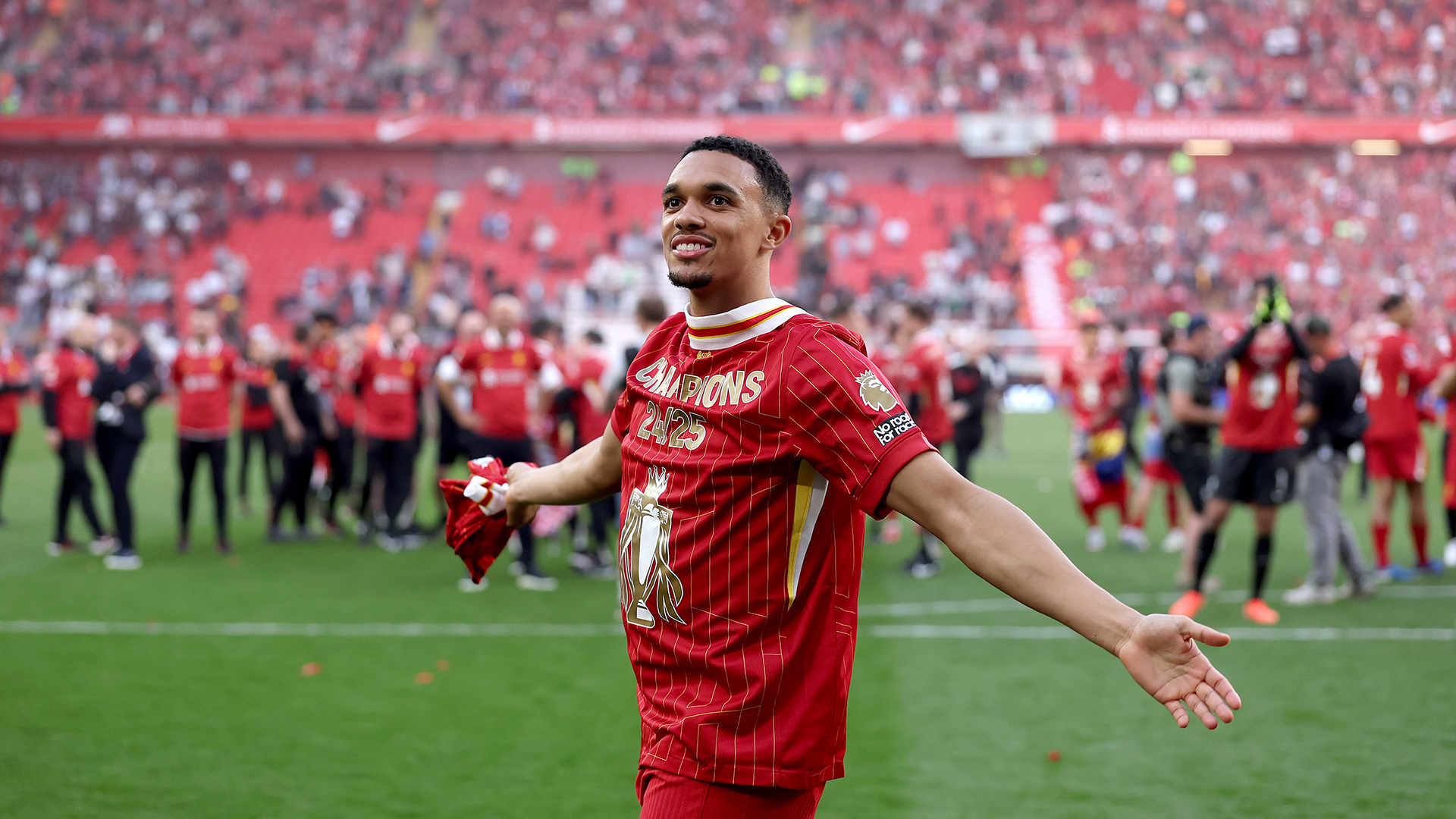 Trent Alexander-Arnold of Liverpool celebrates the teams victory and confirmation of winning the Premier League title after the Premier League match between Liverpool FC and Tottenham Hotspur FC at Anfield on April 27, 2025 in Liverpool, England.