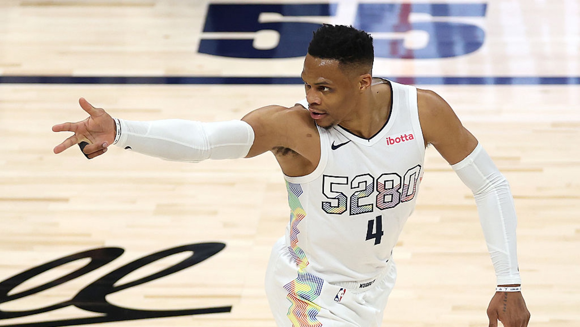 Russell Westbrook #4 of the Denver Nuggets celebrates after a three point basket during the third quarter in Game Five of the Western Conference First Round NBA Playoffs against the LA Clippers at Ball Arena on April 29, 2025 in Denver, Colorado. NOTE TO USER: User expressly acknowledges and agrees that, by downloading and or using this photograph, User is consenting to the terms and conditions of the Getty Images License Agreement.