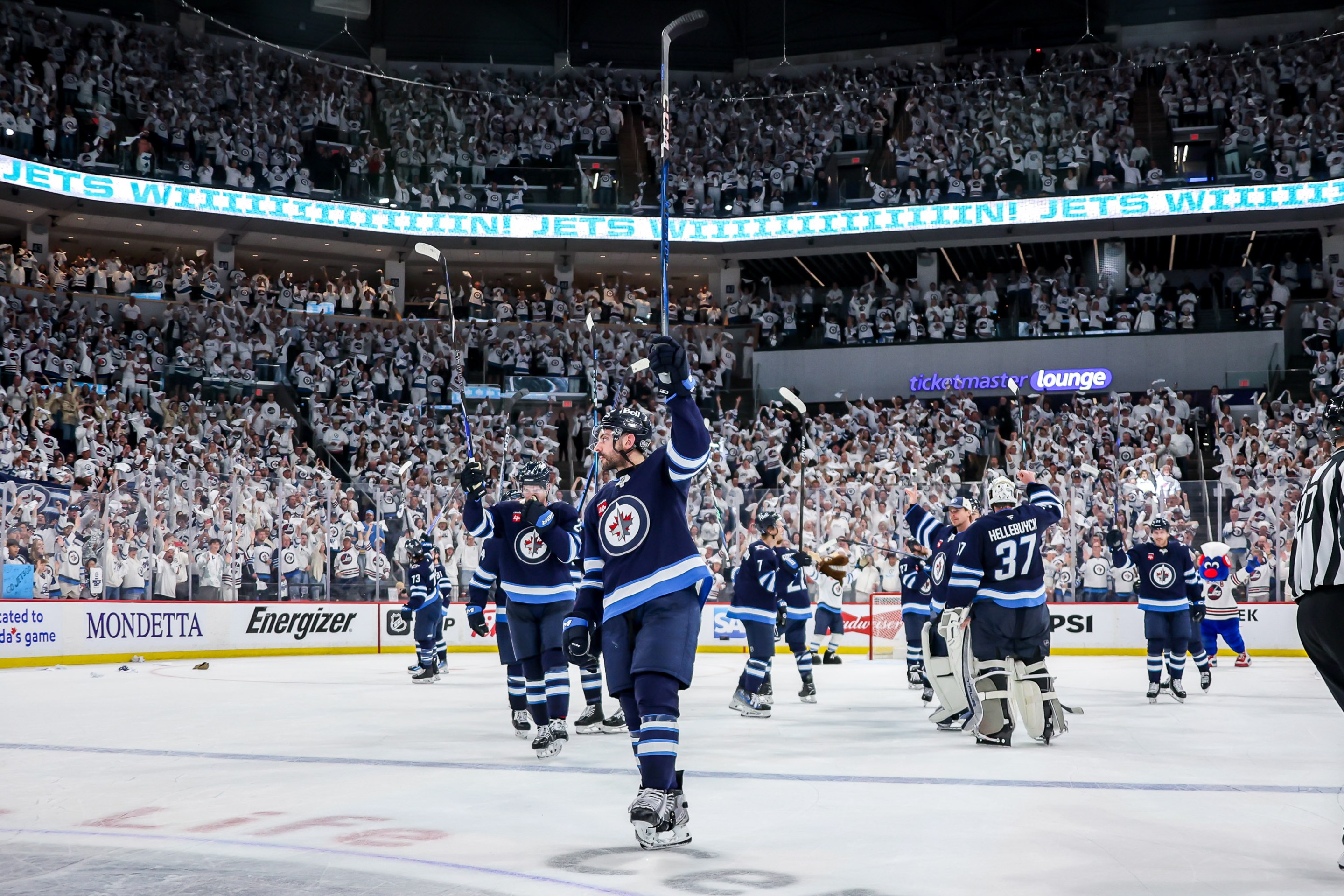 WINNIPEG, CANADA - MAY 4: Winnipeg Jets players salute the fans following a 4-3 double overtime victory over the St. Louis Blues in Game Seven of the First Round of the 2025 Stanley Cup Playoffs at the Canada Life Centre on May 4, 2025 in Winnipeg, Manitoba, Canada. (Photo by Jonathan Kozub/NHLI via Getty Images)