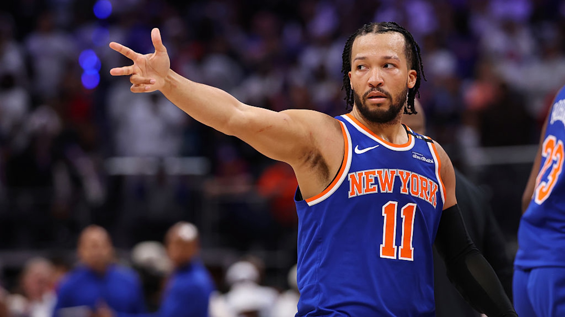 Jalen Brunson #11 of the New York Knicks celebrates after making a three-point basket late during the fourth quarter against the Detroit Pistons in Game Six of the Eastern Conference First Round NBA Playoffs at Little Caesars Arena on May 01, 2025 in Detroit, Michigan. NOTE TO USER: User expressly acknowledges and agrees that, by downloading and or using this photograph, User is consenting to the terms and conditions of the Getty Images License Agreement.
