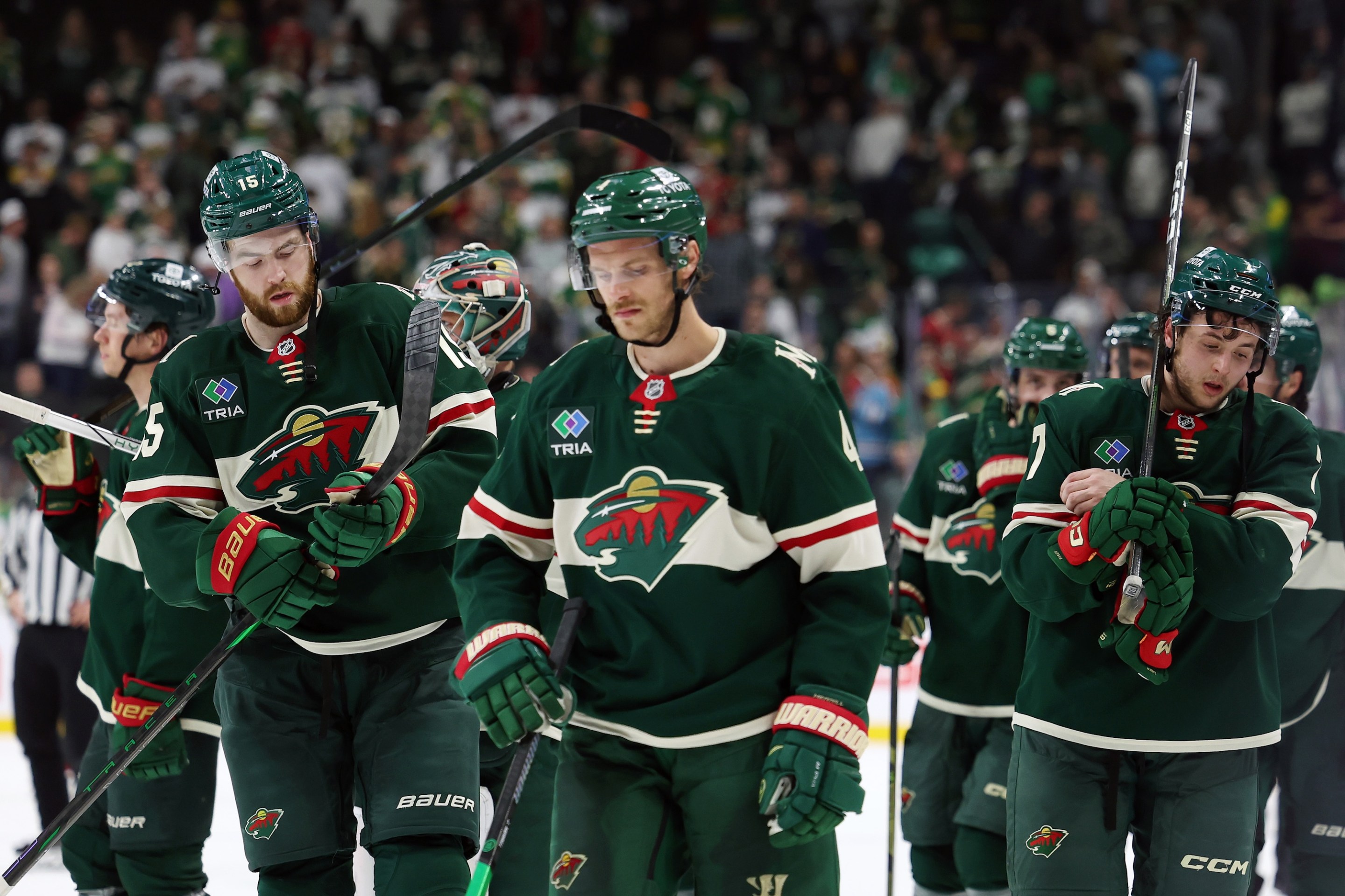 ST PAUL, MINNESOTA - MAY 01: in the third period of Game Six of the First Round of the 2025 Stanley Cup Playoffs at Xcel Energy Center on May 01, 2025 in St Paul, Minnesota. (Photo by Ellen Schmidt/Getty Images)