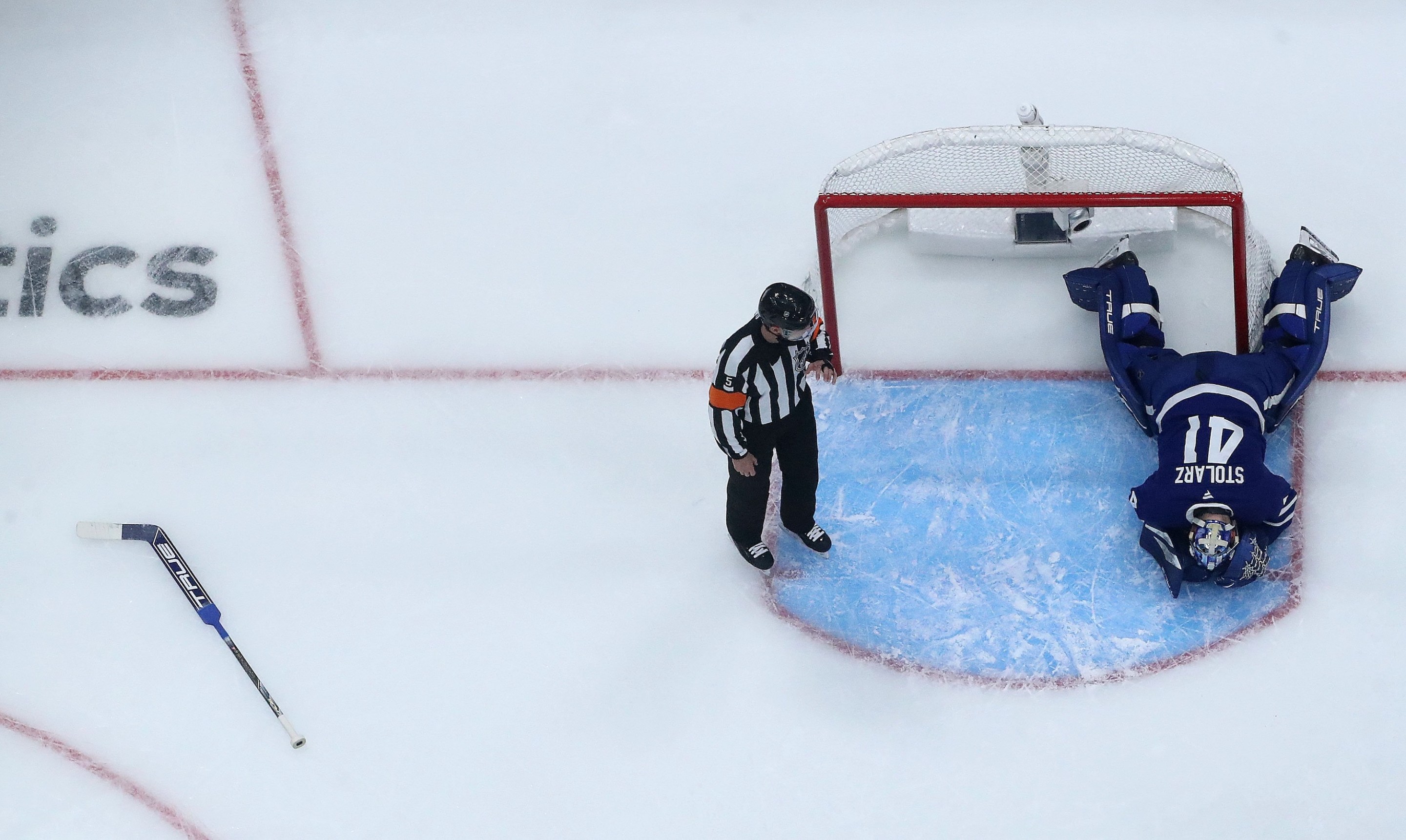 TORONTO, ON - MAY 5 - Referee Chris Rooney (5) blows the play dead as Toronto Maple Leafs goaltender Anthony Stolarz (41) lays on the ice as the Toronto Maple Leafs beat the Florida Panthers 5-4 in the first game of their second round series of the NHL Stanley Cup Play-offs at Scotiabank Arena in Toronto. May 5, 2025. Steve Russell/Toronto Star