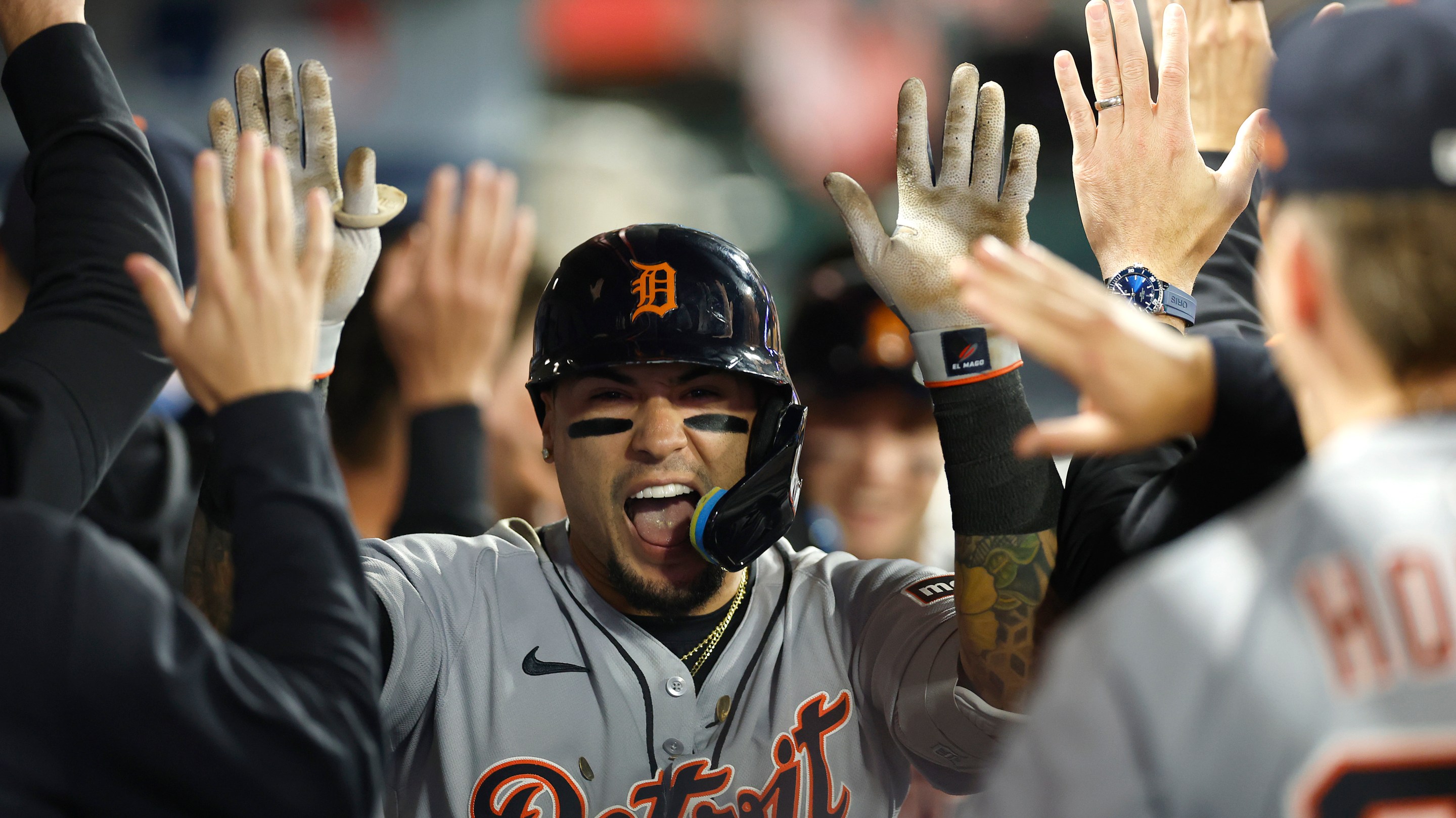 Javier Báez #28 of the Detroit Tigers celebrates a two-run home run against the Los Angeles Angels in the ninth inning at Angel Stadium of Anaheim on May 02, 2025 in Anaheim, California.
