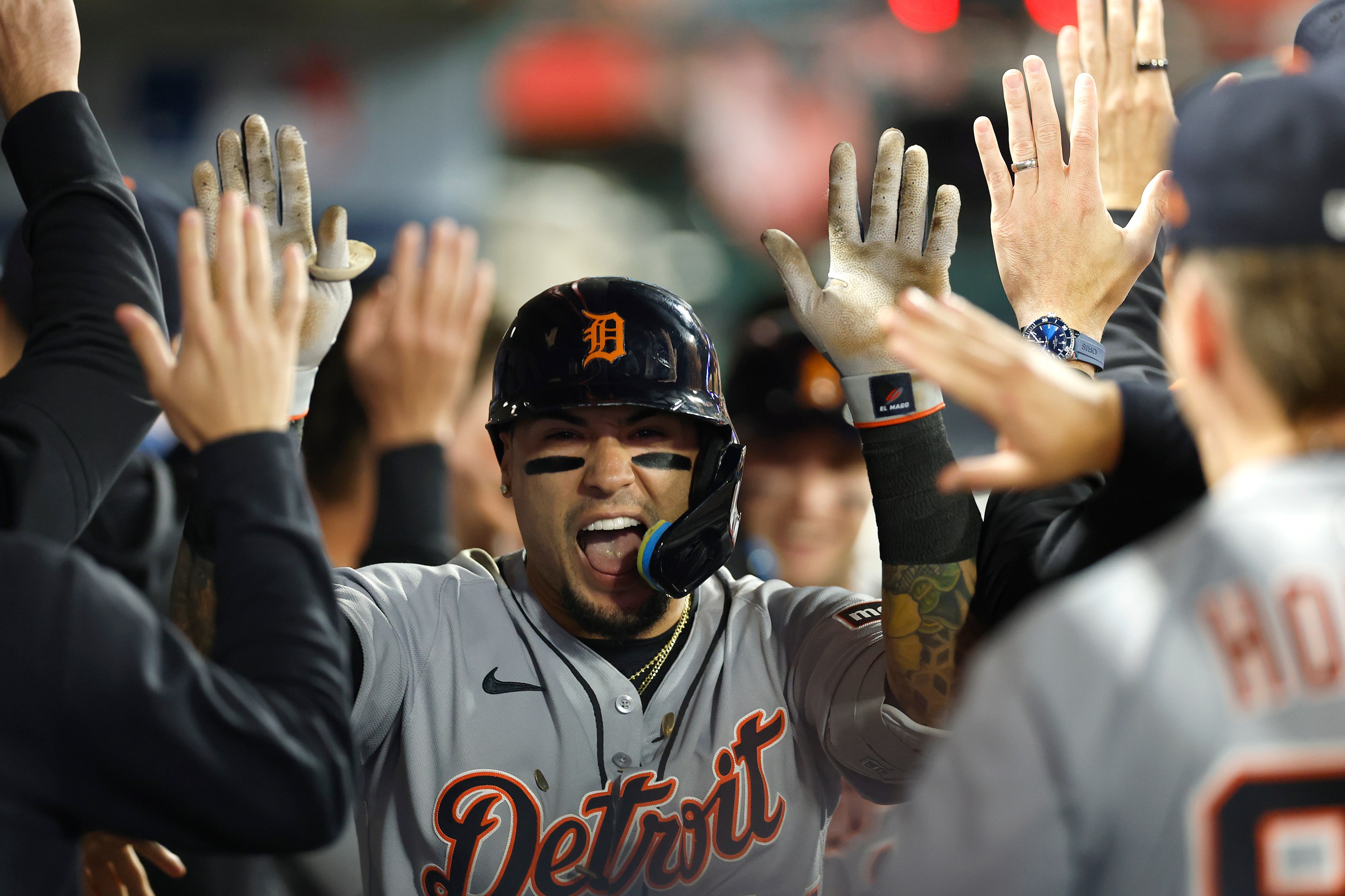 Javier Báez #28 of the Detroit Tigers celebrates a two-run home run against the Los Angeles Angels in the ninth inning at Angel Stadium of Anaheim on May 02, 2025 in Anaheim, California.
