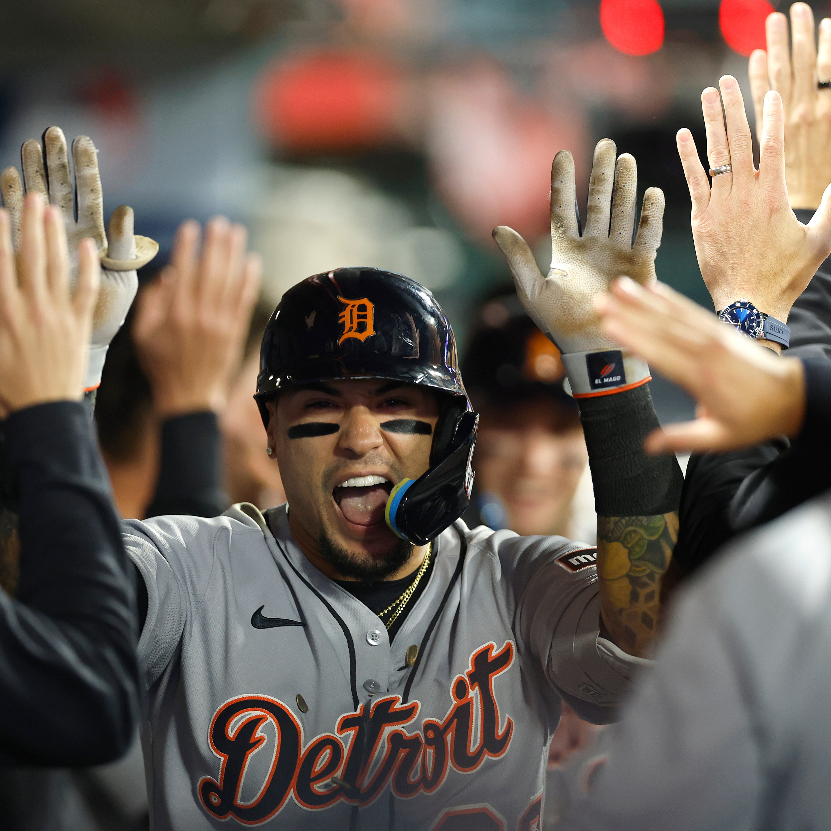 Javier Báez #28 of the Detroit Tigers celebrates a two-run home run against the Los Angeles Angels in the ninth inning at Angel Stadium of Anaheim on May 02, 2025 in Anaheim, California.
