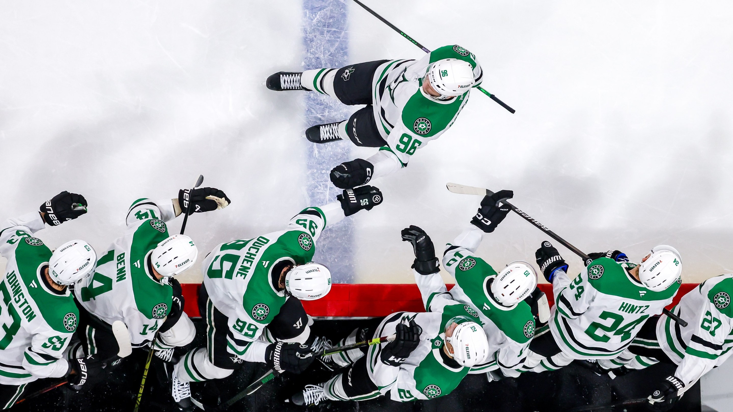 WINNIPEG, CANADA - MAY 7: Mikko Rantanen #96 of the Dallas Stars celebrates his second period goal against the Winnipeg Jets with teammates at the bench in Game One of the Second Round of the 2025 Stanley Cup Playoffs at the Canada Life Centre on May 7, 2025 in Winnipeg, Manitoba, Canada. (Photo by Jonathan Kozub/NHLI via Getty Images)