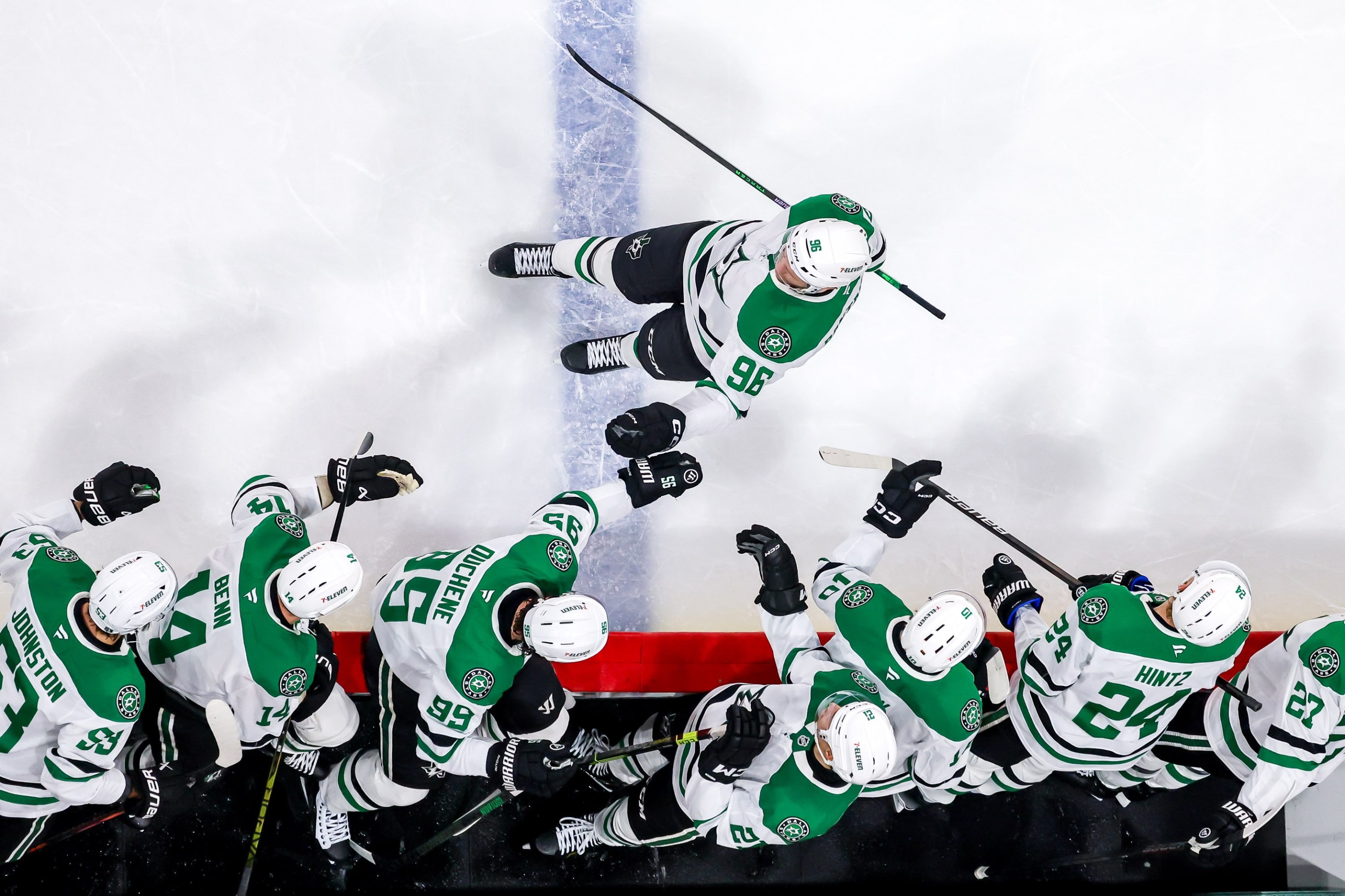 WINNIPEG, CANADA - MAY 7: Mikko Rantanen #96 of the Dallas Stars celebrates his second period goal against the Winnipeg Jets with teammates at the bench in Game One of the Second Round of the 2025 Stanley Cup Playoffs at the Canada Life Centre on May 7, 2025 in Winnipeg, Manitoba, Canada. (Photo by Jonathan Kozub/NHLI via Getty Images)