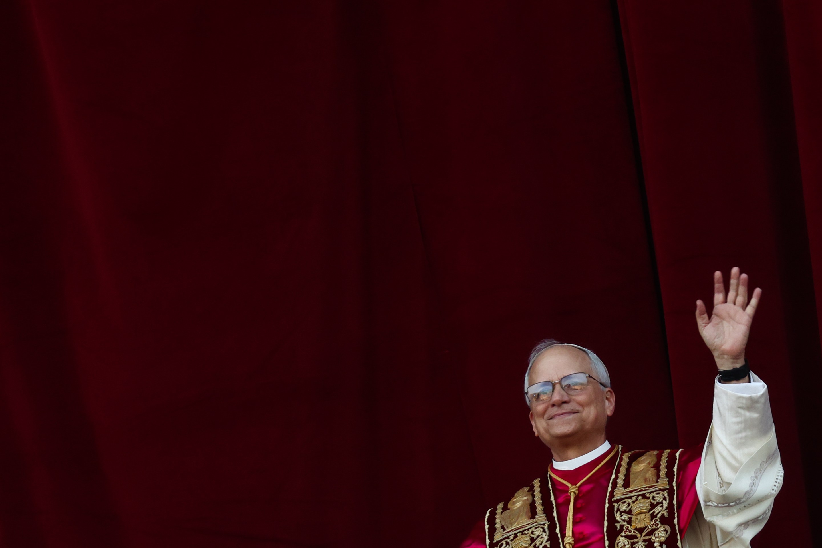 Cardinal Robert Prevost, newly elected as Pope Leo XIV is seen on the Saint Peter's Basilica balcony, at Saint Peter's Square in Vatican on April 8, 2025.