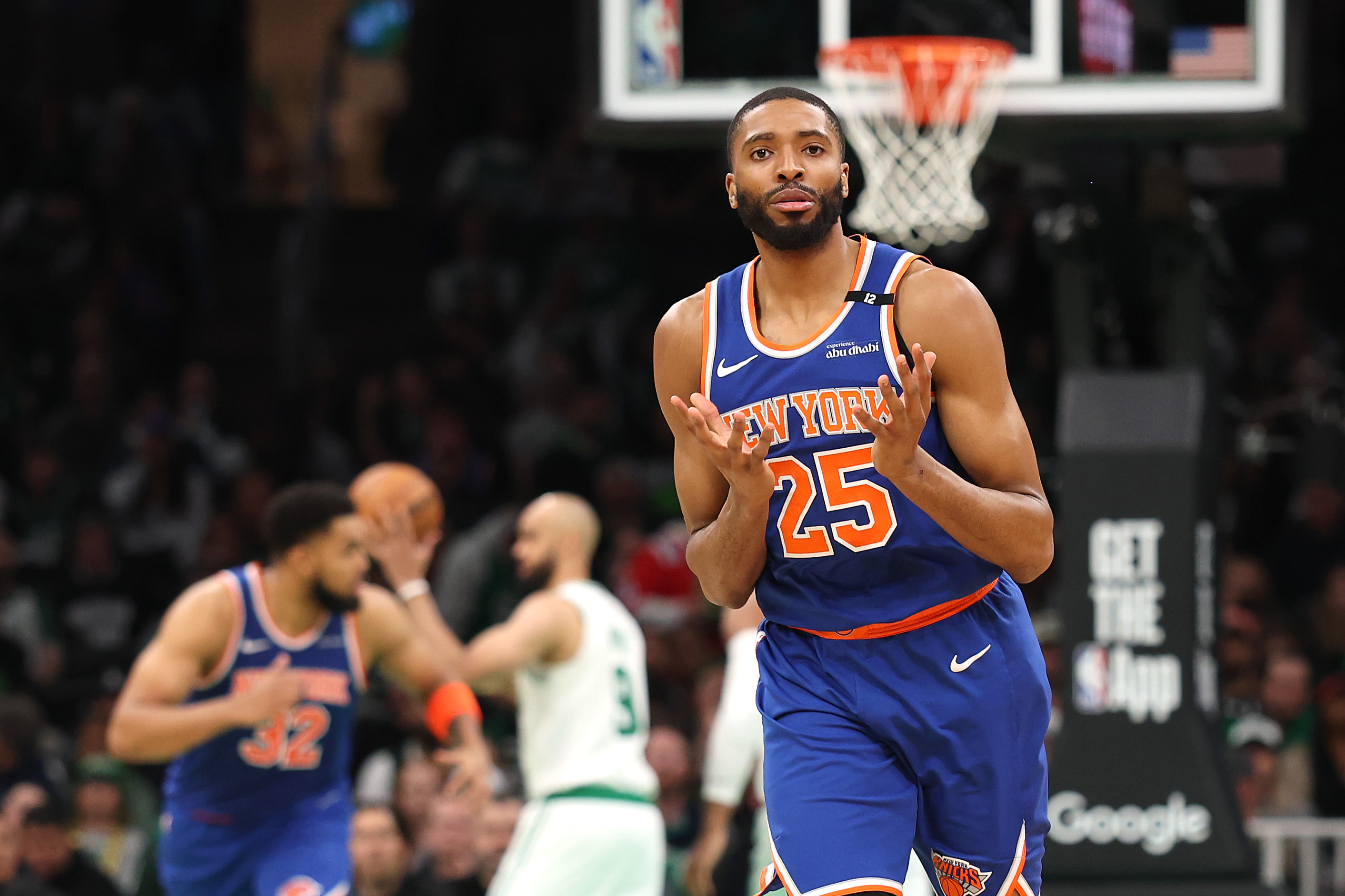 Mikal Bridges celebrates after making a three-point basket against the Boston Celtics during the third quarter in Game One of the Eastern Conference Second Round NBA Playoffs.