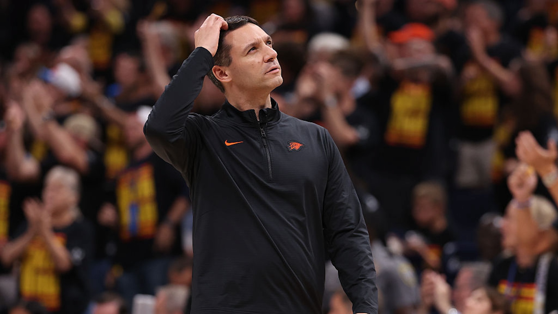 Head coach Mark Daigneault of the Oklahoma City Thunder looks on during the fourth quarter of Round Two Game One of the 2025 NBA Playoffs against the Denver Nuggets at Paycom Center on May 05, 2025 in Oklahoma City, Oklahoma. NOTE TO USER: User expressly acknowledges and agrees that, by downloading and or using this photograph, user is consenting to the terms and conditions of the Getty Images License Agreement.