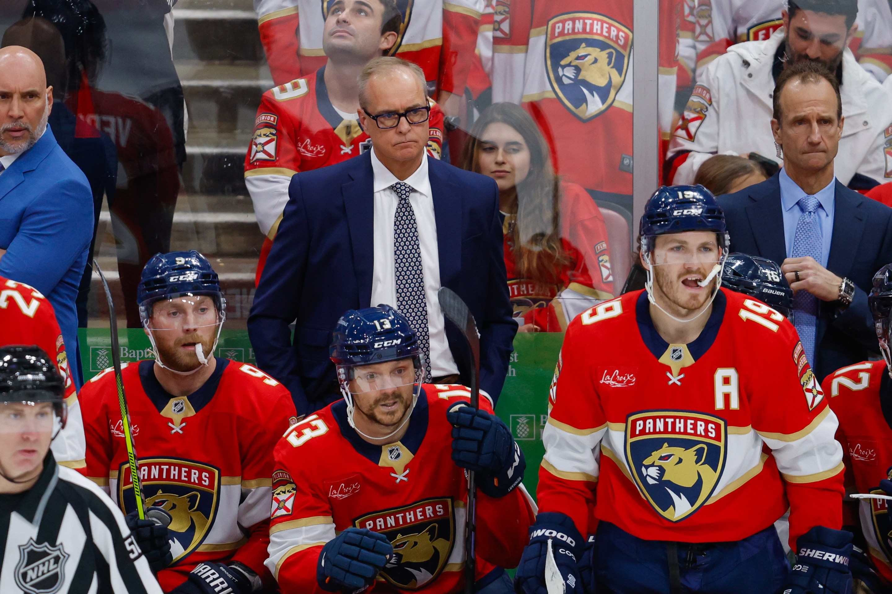 Florida Panthers Head Coach Paul Maurice looks on during the Stanley Cup Playoffs 2nd Round game between the Toronto Maple Leafs and the Florida Panthers on Friday May 9, 2025.
