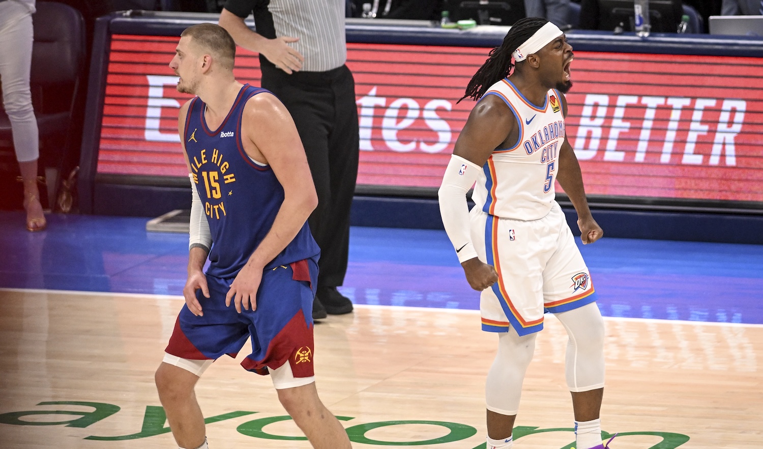 OKLAHOMA CITY, OK - MAY 13: Luguentz Dort (5) of the Oklahoma City Thunder reacts to making a three pointer as Nikola Jokic (15) of the Denver Nuggets prepares for the inbound during the fourth quarter of OKC's 112-105 win at Paycom Center in Oklahoma City on Tuesday, May 13, 2025. (Photo by AAron Ontiveroz/The Denver Post)