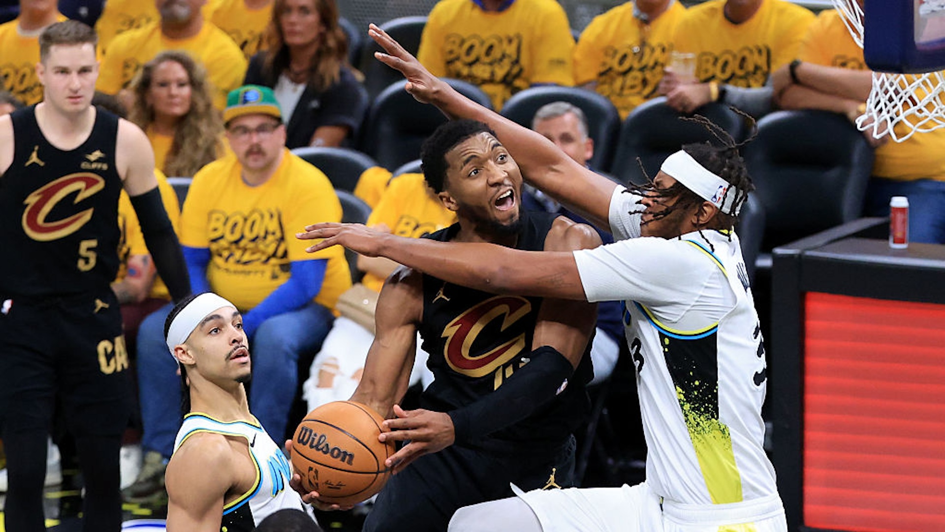 Donovan Mitchell #45 of the Cleveland Cavaliers takes a shot against Myles Turner #33 of the Indiana Pacers of game three of the Eastern Conference Semifinals at Gainbridge Fieldhouse on May 09, 2025 in Indianapolis, Indiana. NOTE TO USER: User expressly acknowledges and agrees that, by downloading and or using this photograph, User is consenting to the terms and conditions of the Getty Images License Agreement.