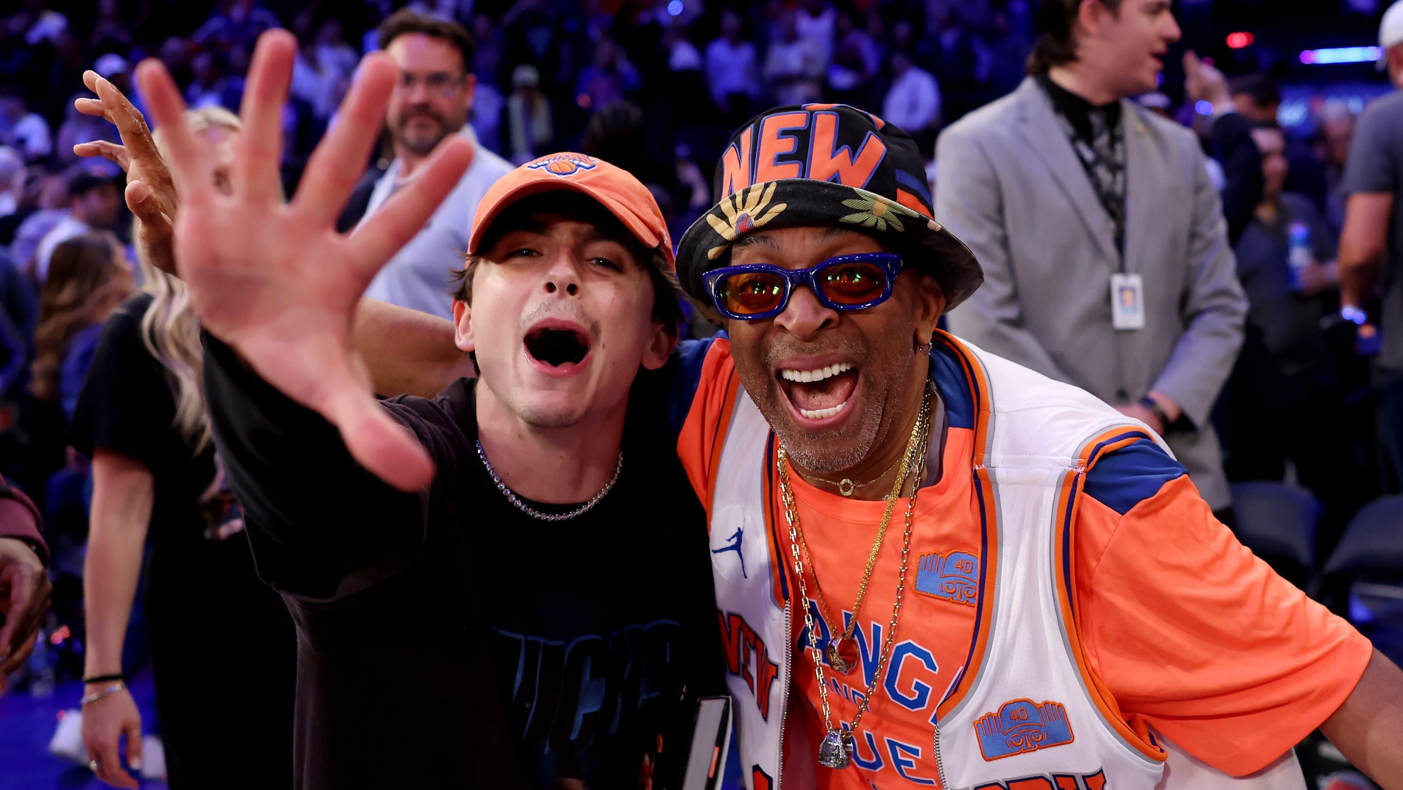 Actor Timothee Chalamet and director Spike Lee celebrate after the New York Knicks defeated the Boston Celtics in Game Four of the Eastern Conference Second Round NBA Playoffs at Madison Square Garden on May 12, 2025 in New York City.