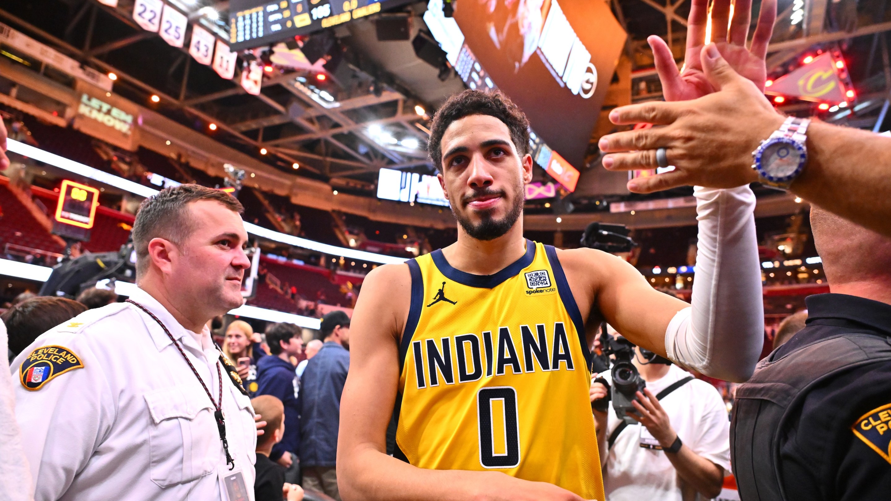 Tyrese Haliburton greets fans after defeating the Cleveland Cavaliers 114-105 in Game Five of the Eastern Conference Second Round NBA Playoffs.