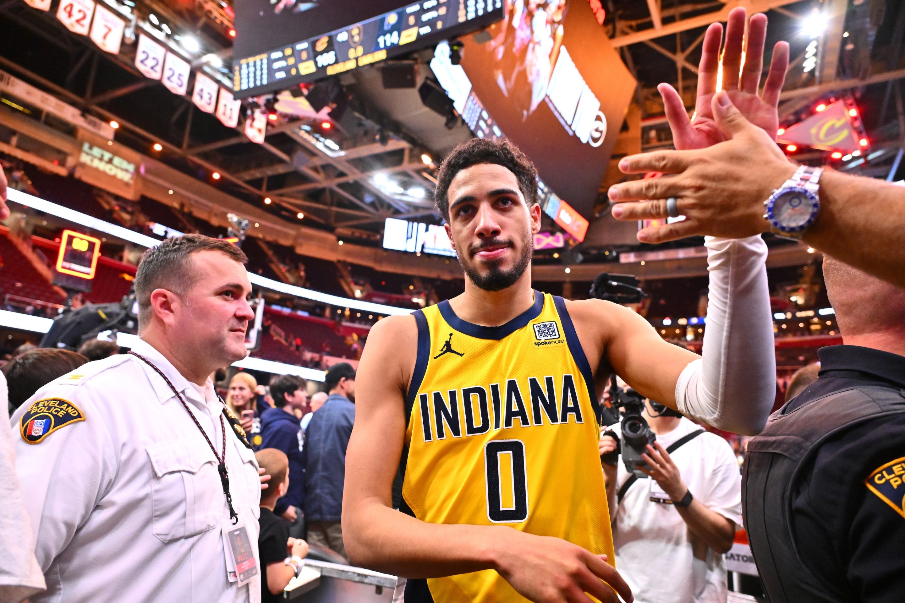 Tyrese Haliburton greets fans after defeating the Cleveland Cavaliers 114-105 in Game Five of the Eastern Conference Second Round NBA Playoffs.